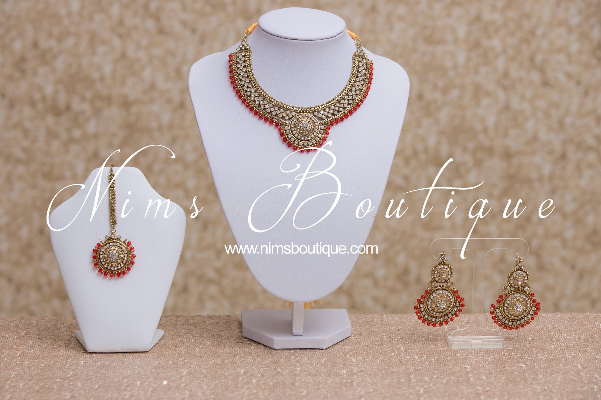 Nims Boutique Small Royal Antique Gold, Red & Clear Stone set