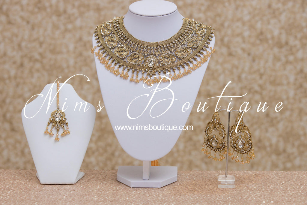 Nims Boutique Anushka Antique Gold & Clear Stone Set