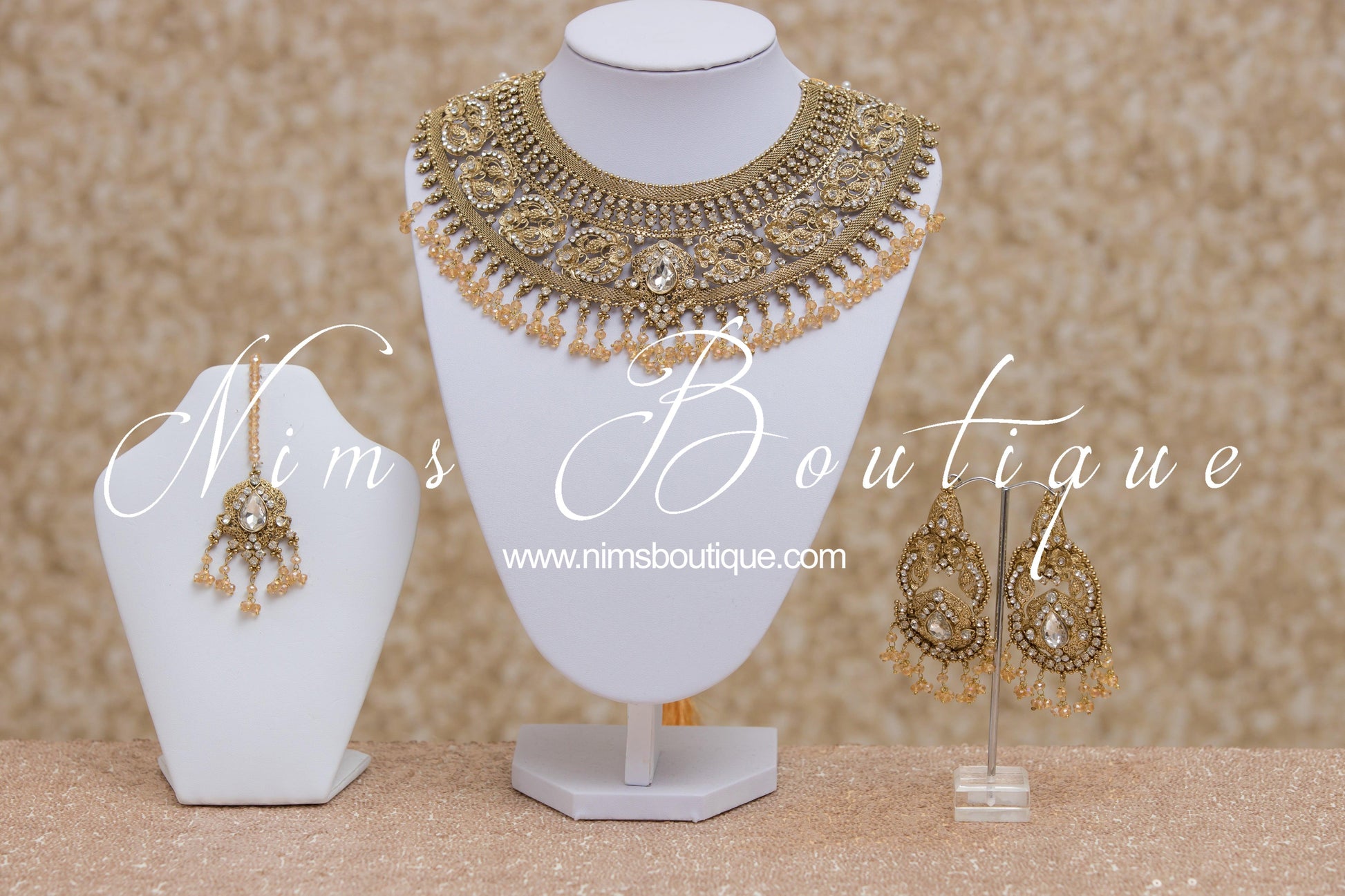 Nims Boutique Anushka Antique Gold & Clear Stone Set