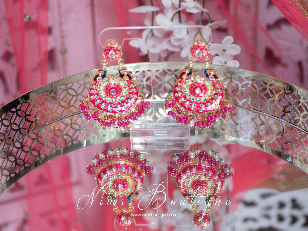 Nims Boutique Moorni Bright Pink Meenakari Peacock Earrings