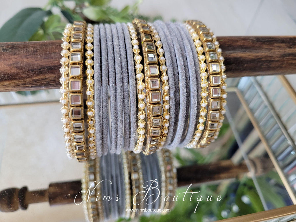 Nims Boutique Grey Velvet & Kundan Set of Bangles GV1