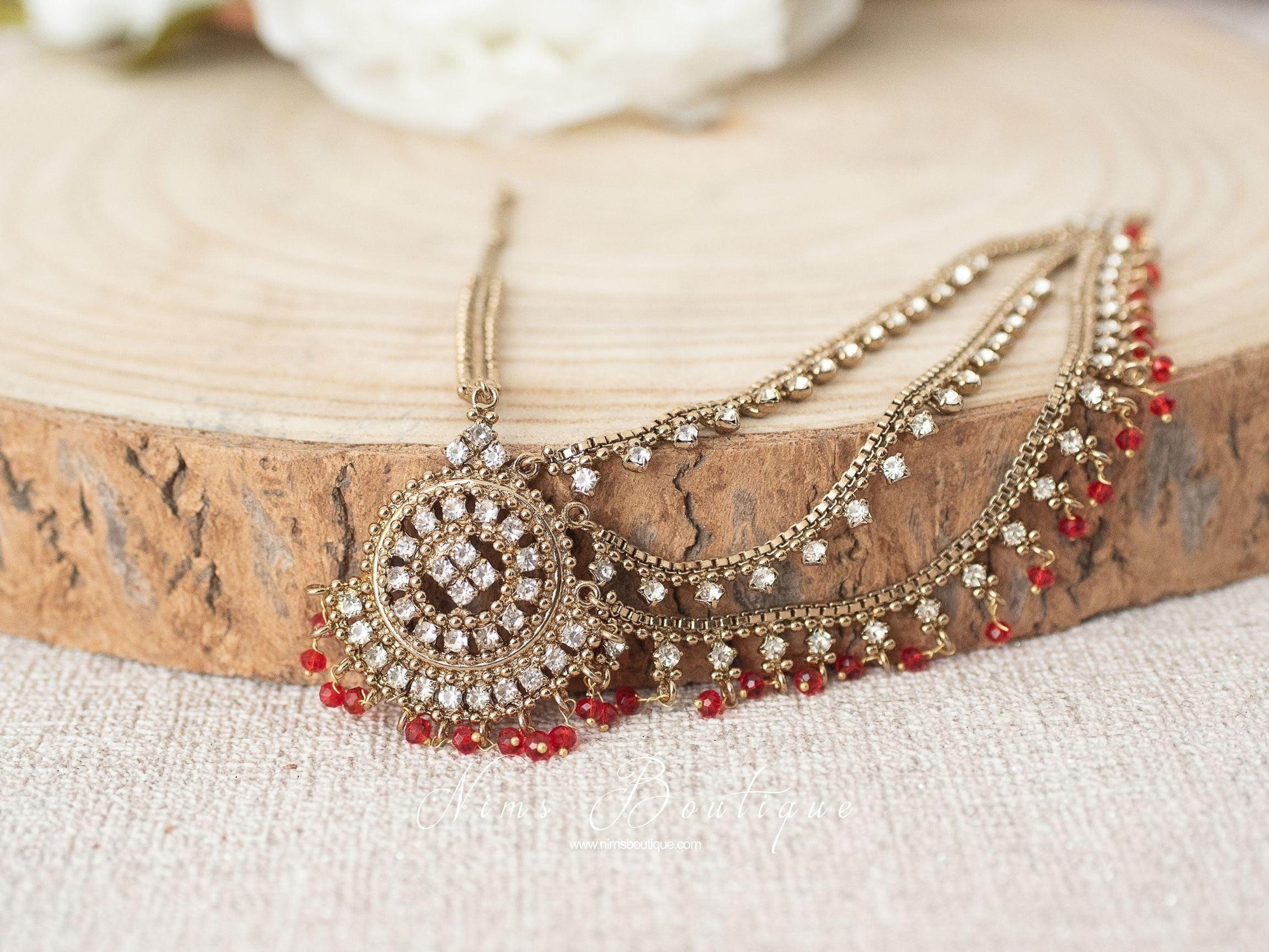 Nims Boutique Royal Antique Gold & Red Headpiece/Matha Patti one side