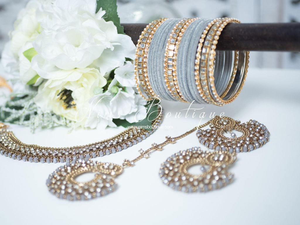 Nims Boutique Grey Velvet & Kundan Set of Bangles GV1