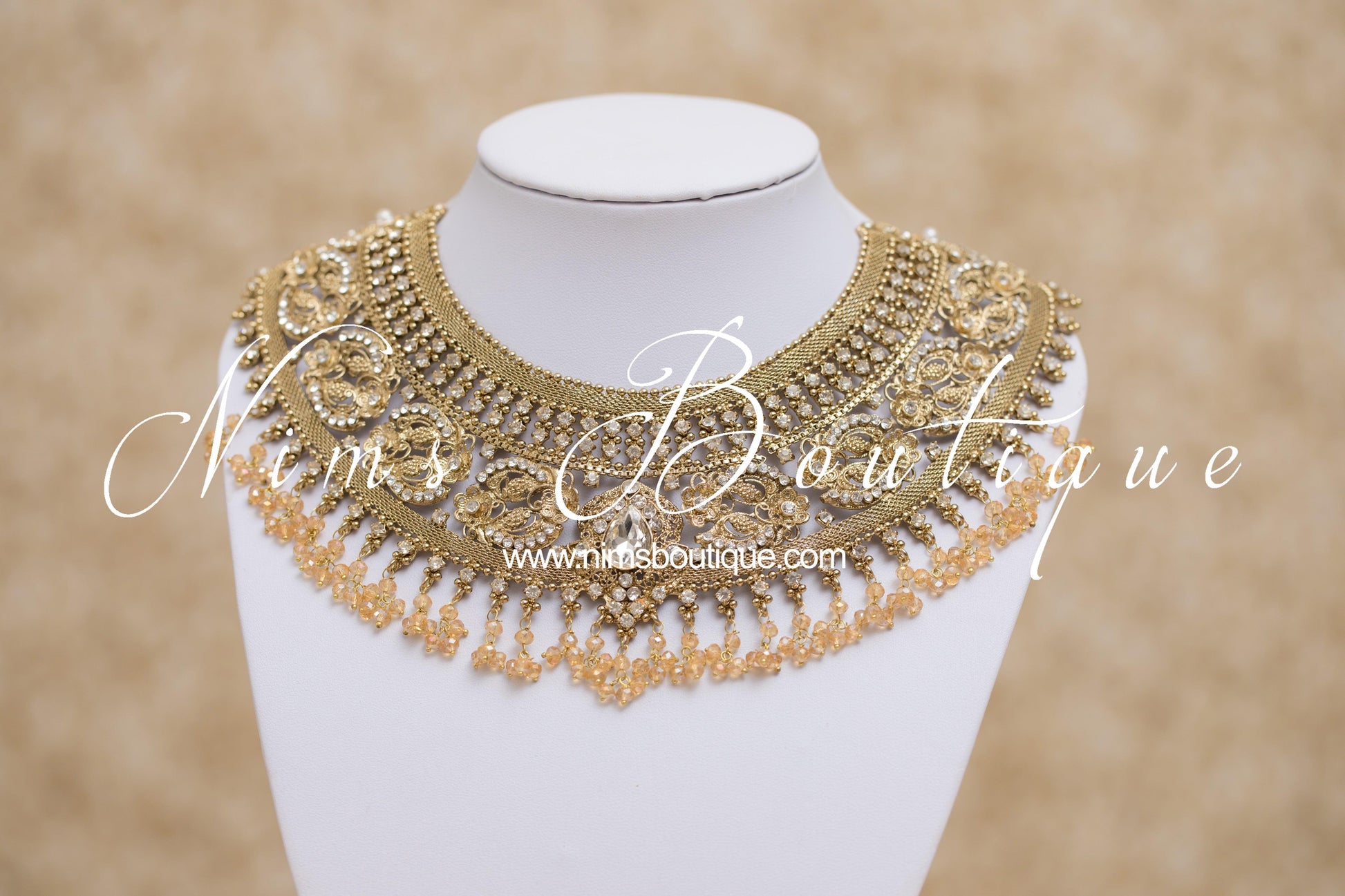 Nims Boutique Anushka Antique Gold & Clear Stone Set