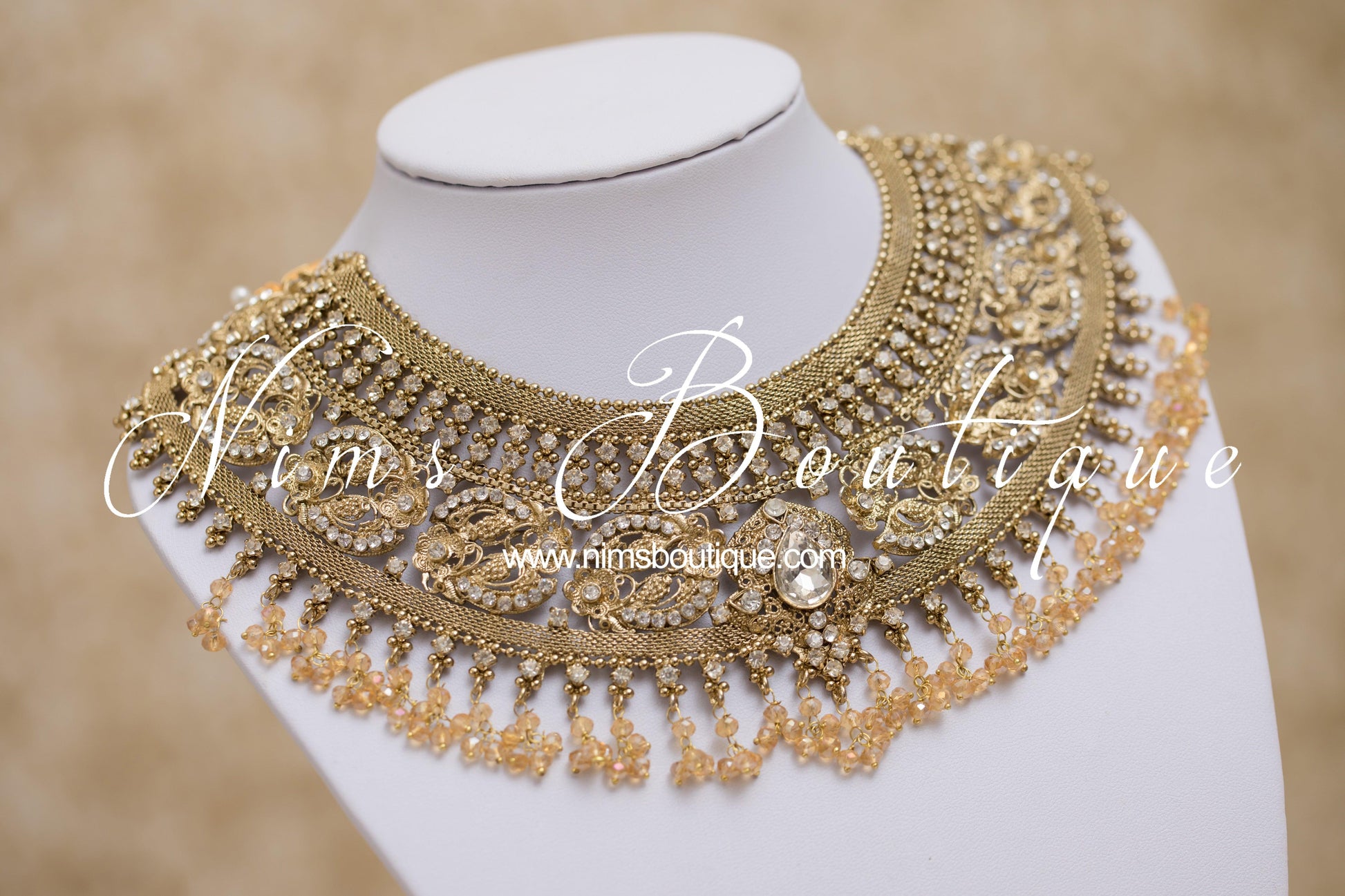 Nims Boutique Anushka Antique Gold & Clear Stone Set