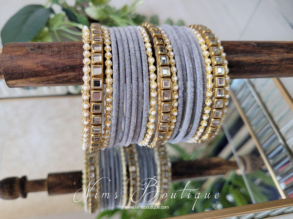 Nims Boutique Grey Velvet & Kundan Set of Bangles GV1