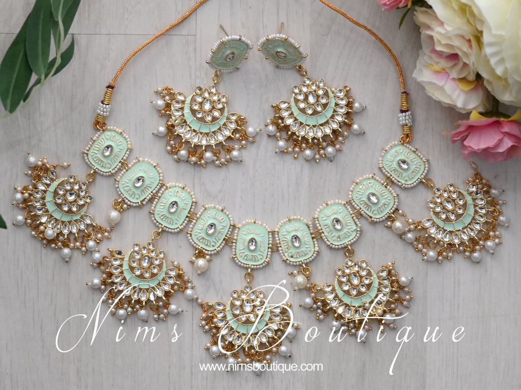 Nims Boutique Mishka Light Mint Green Blossom Meenakari Set