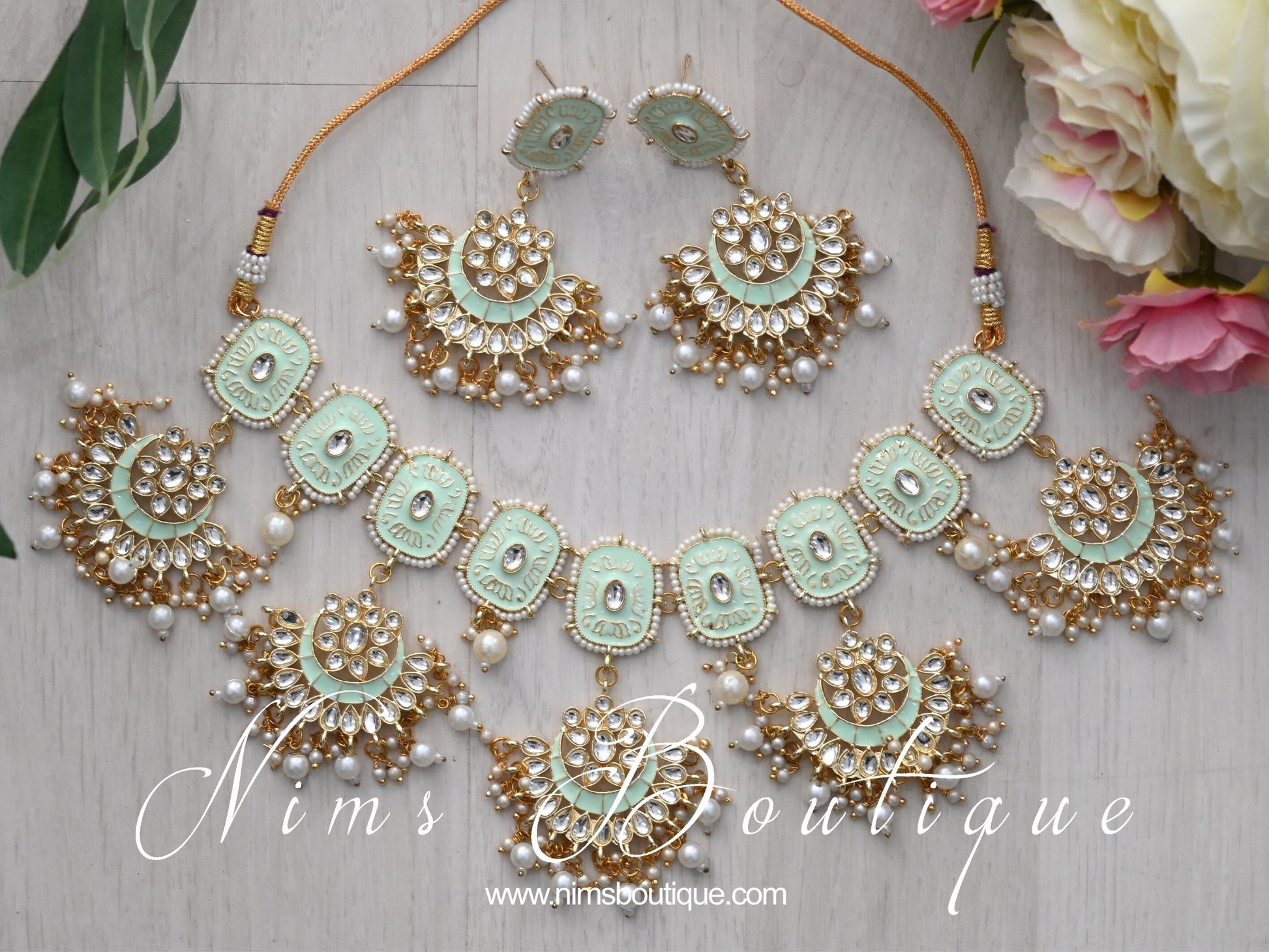 Nims Boutique Mishka Light Mint Green Blossom Meenakari Set