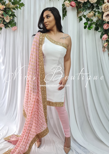 One Shoulder Silk White & Light Pink Pajami Suit (size 6-8)