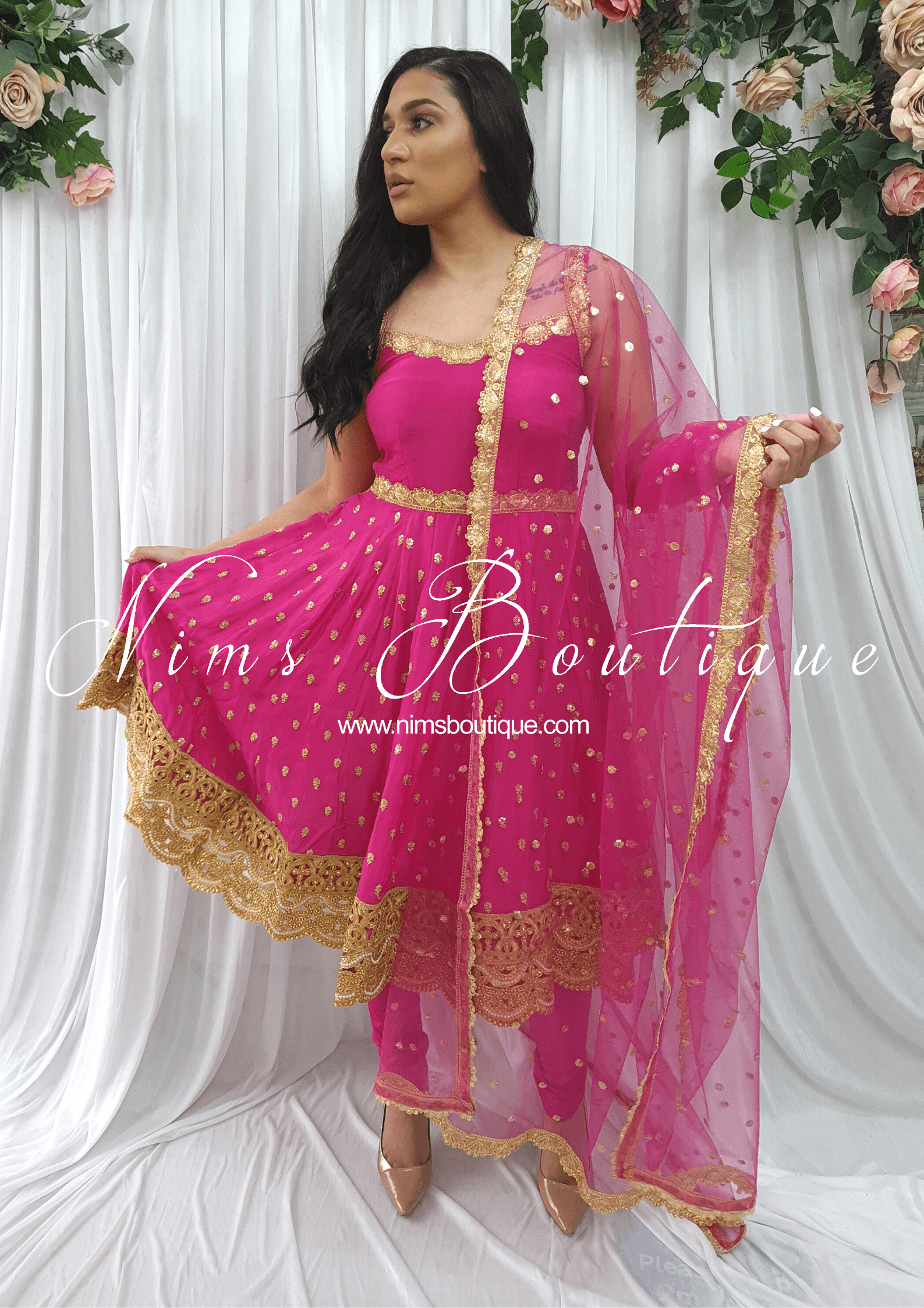 Nims Boutique The NB Luxury Hot Pink Silk Anarkali with Pajami sizes 4-16