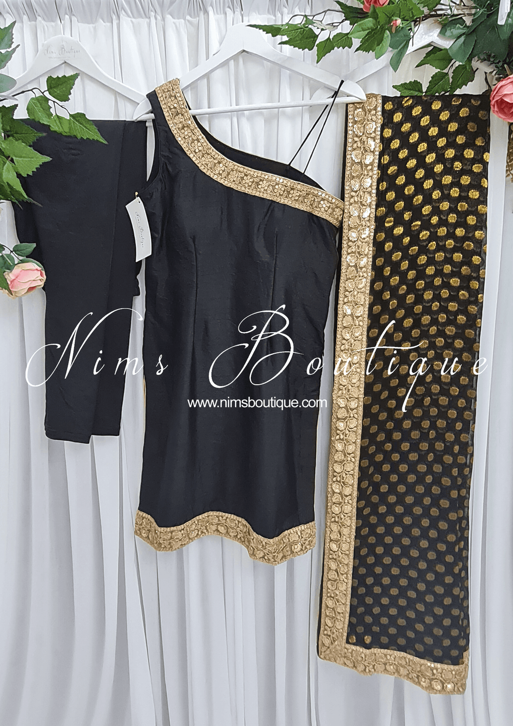 Nims Boutique One Shoulder Silk Black Pajami Suit sizes 4-16