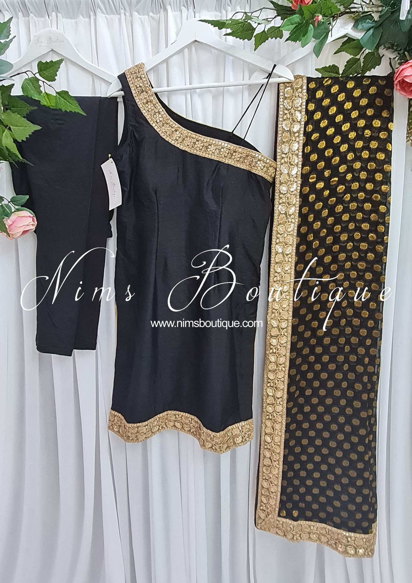 One Shoulder Silk Black Pajami Suit (size 4-14)