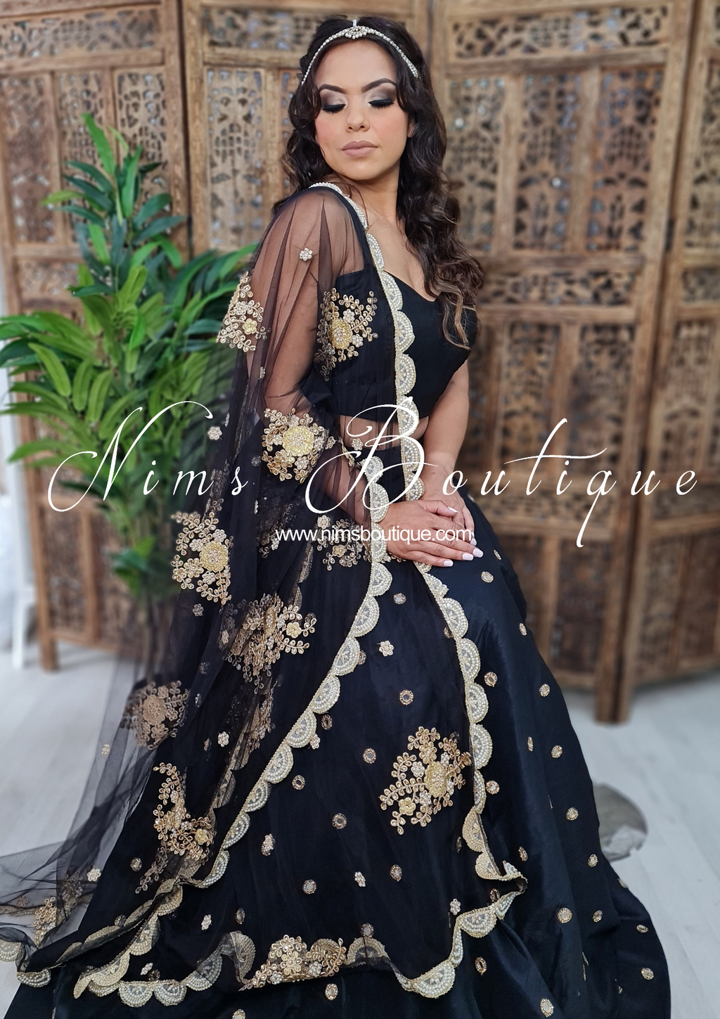 Nims Boutique Black Net Pearl Embellished Dupatta/Chunni with Luxury Pearl Edging NPE5