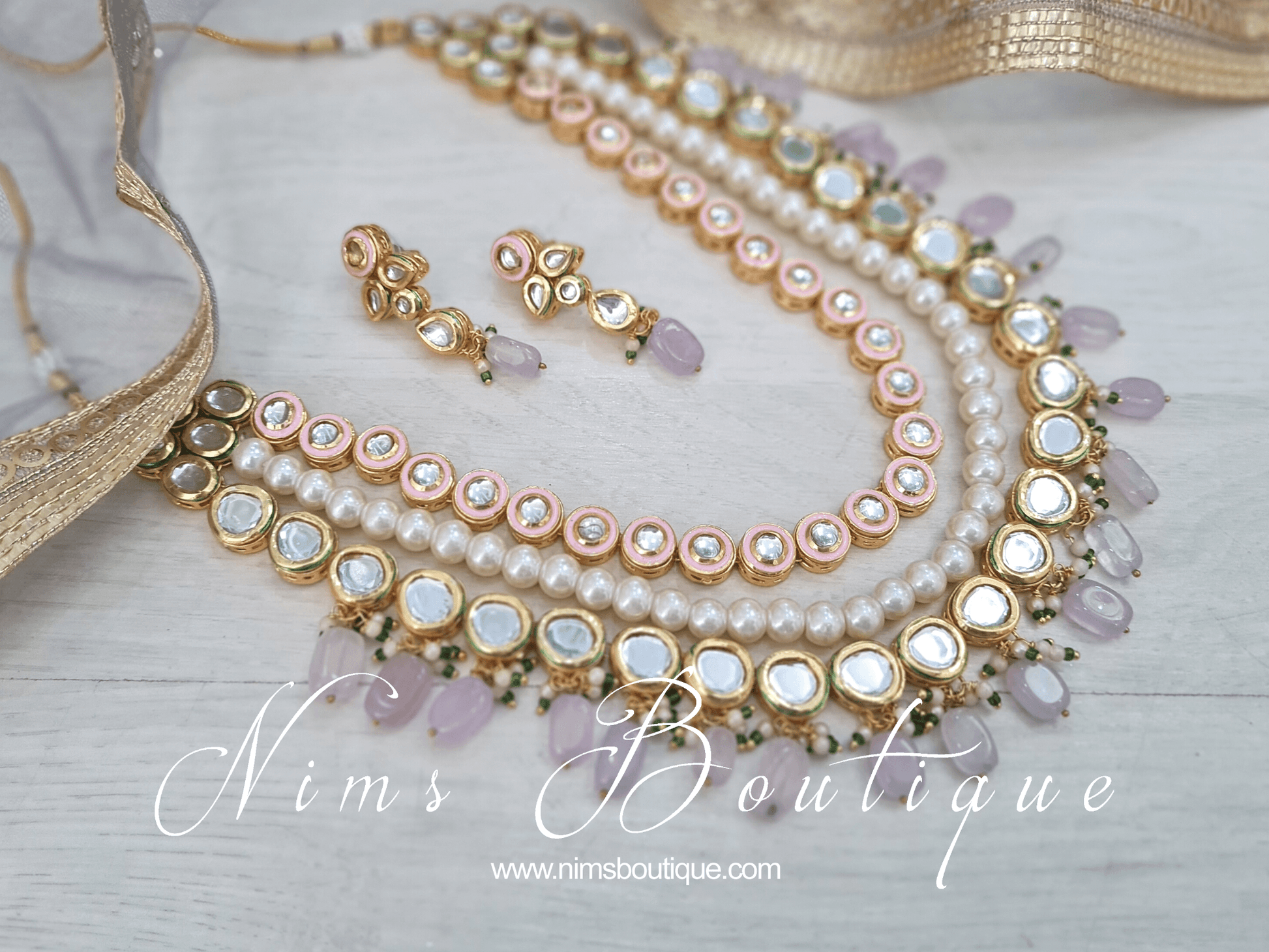Nims Boutique Myra Blossom Kundan Lilac & Pink Haar Set