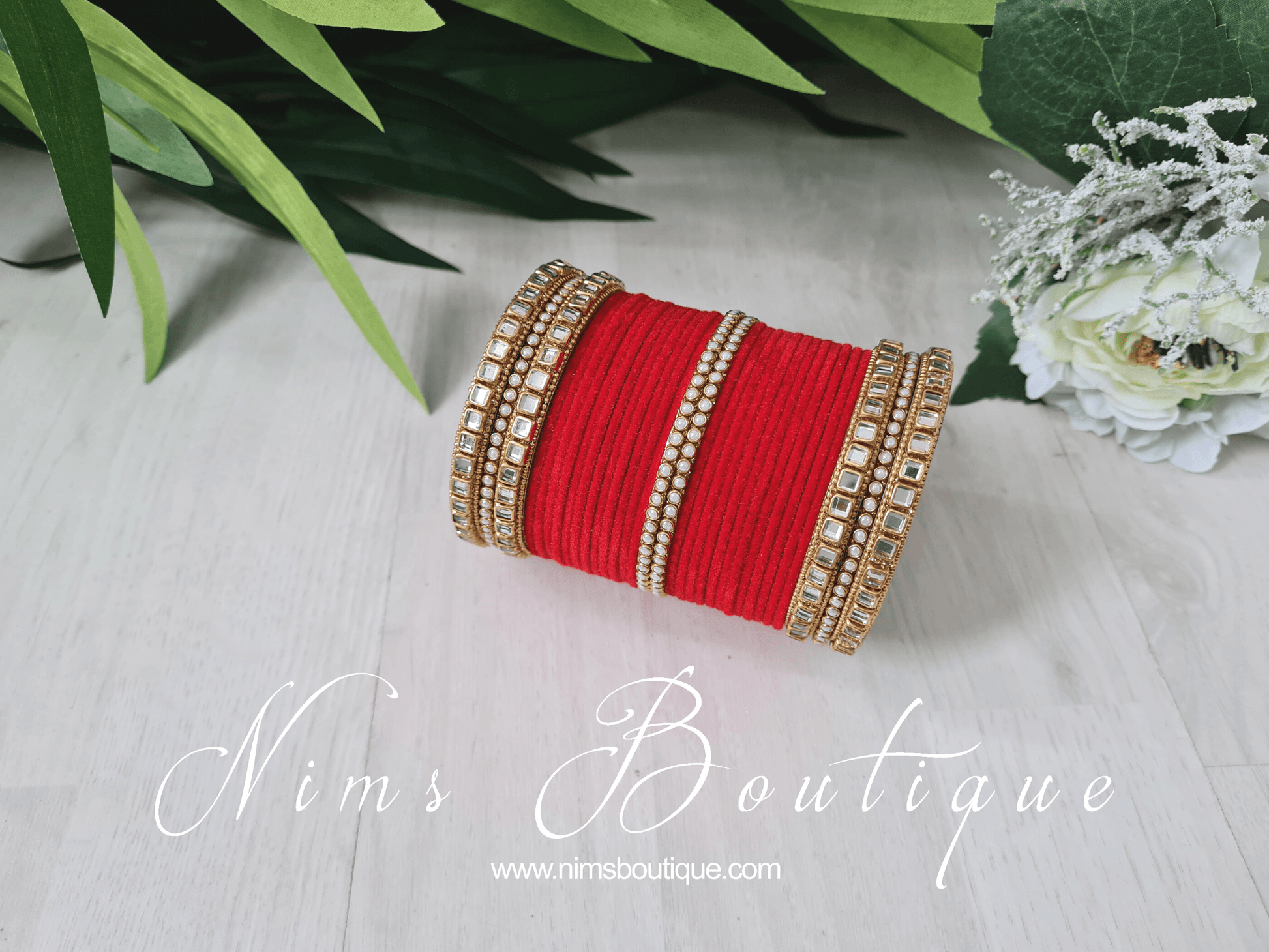 Nims Boutique Red Velvet & Kundan Set of Bangles RV1