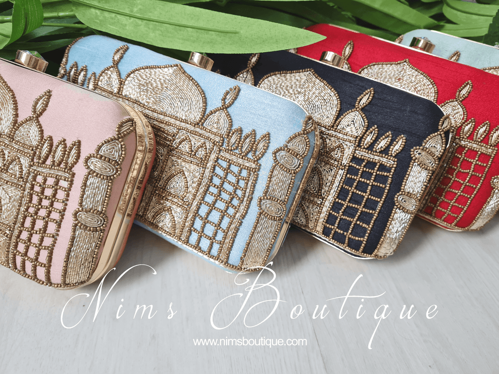 Nims Boutique Taj Pastel Blue Raw Silk Clutch Bag