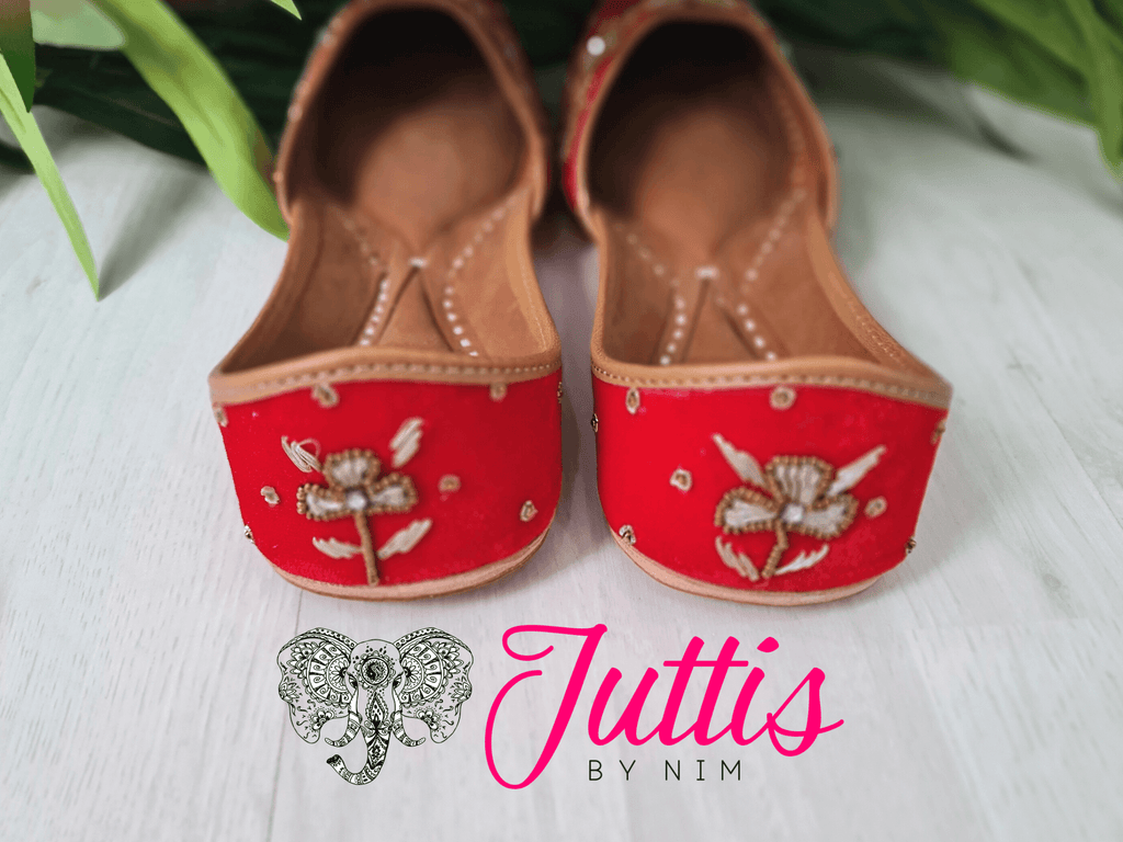 Nims Boutique Luxury Red Velvet Embroidered Leather Punjabi Juttis