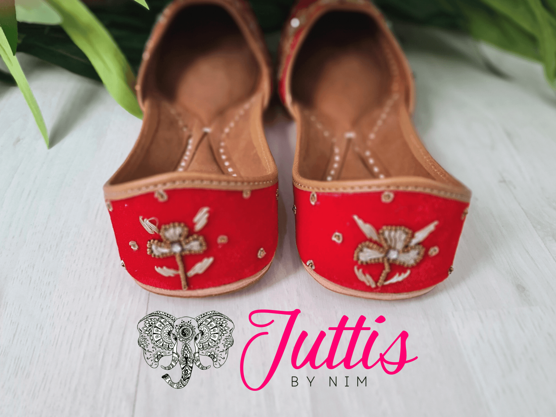Nims Boutique Luxury Red Velvet Embroidered Leather Punjabi Juttis