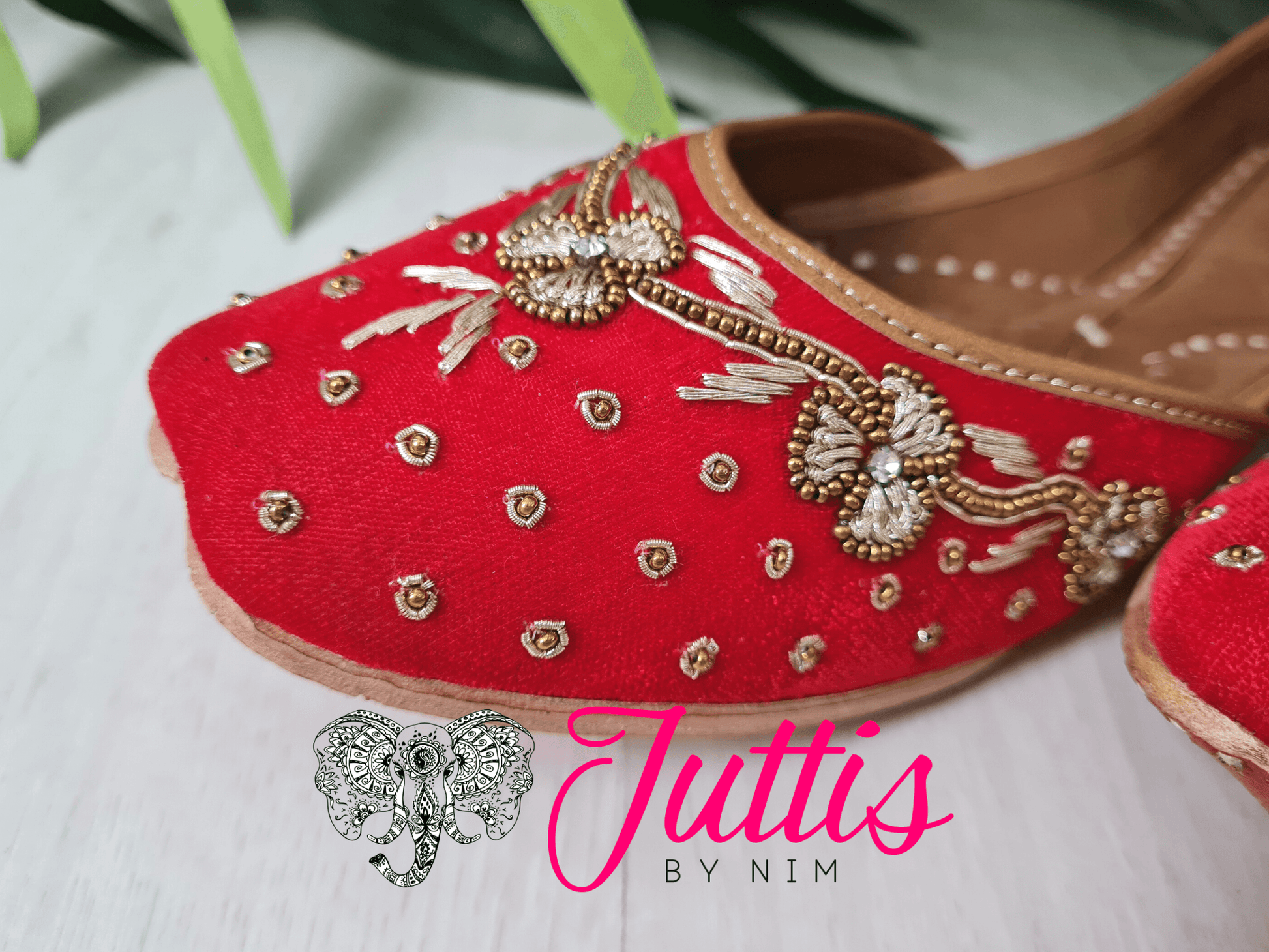 Nims Boutique Luxury Red Velvet Embroidered Leather Punjabi Juttis