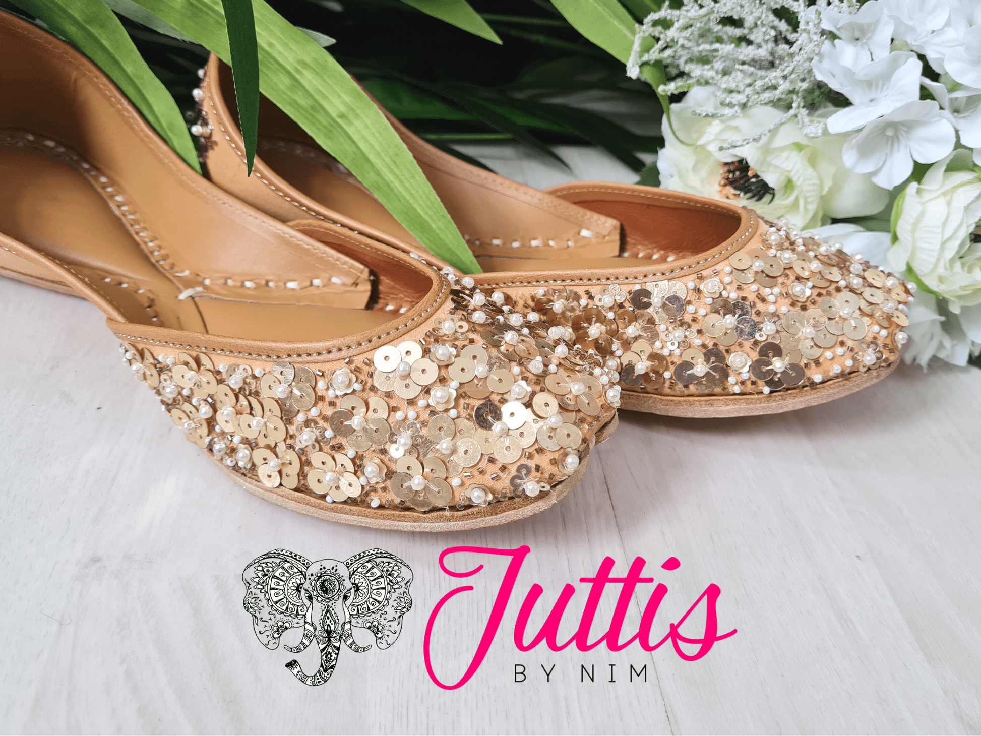 Nims Boutique Luxury Gold Sequin Leather Punjabi Juttis