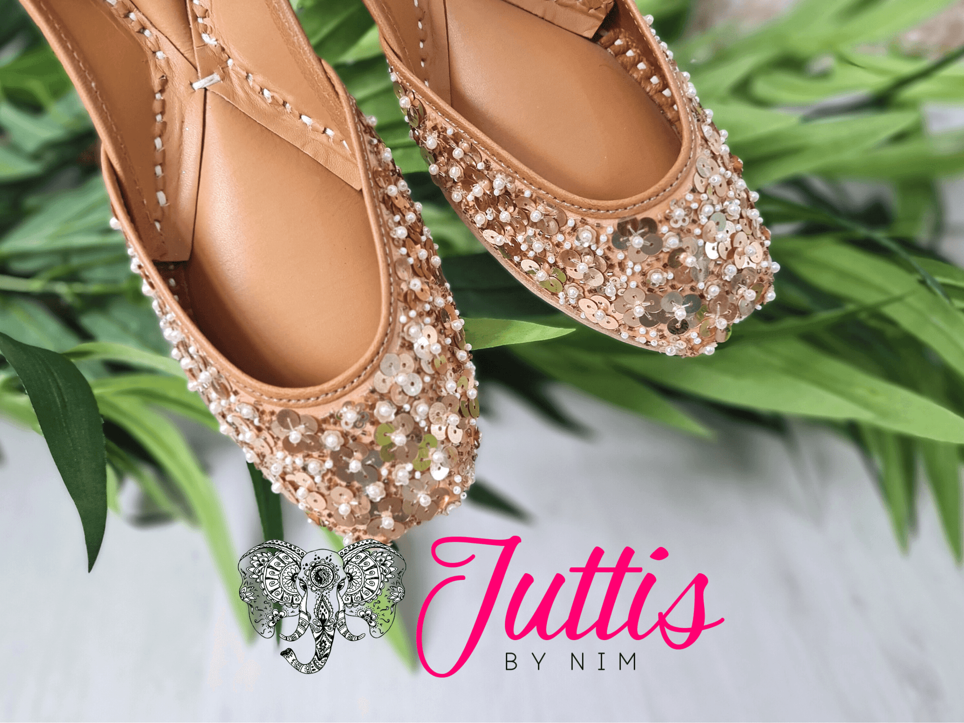 Nims Boutique Luxury Gold Sequin Leather Punjabi Juttis