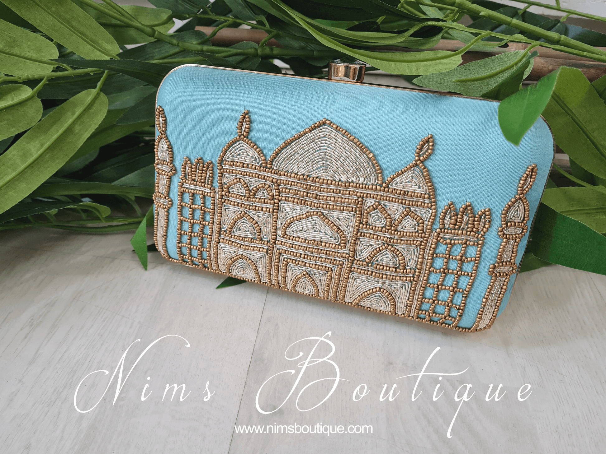 Nims Boutique Taj Duck Egg Blue Raw Silk Clutch Bag