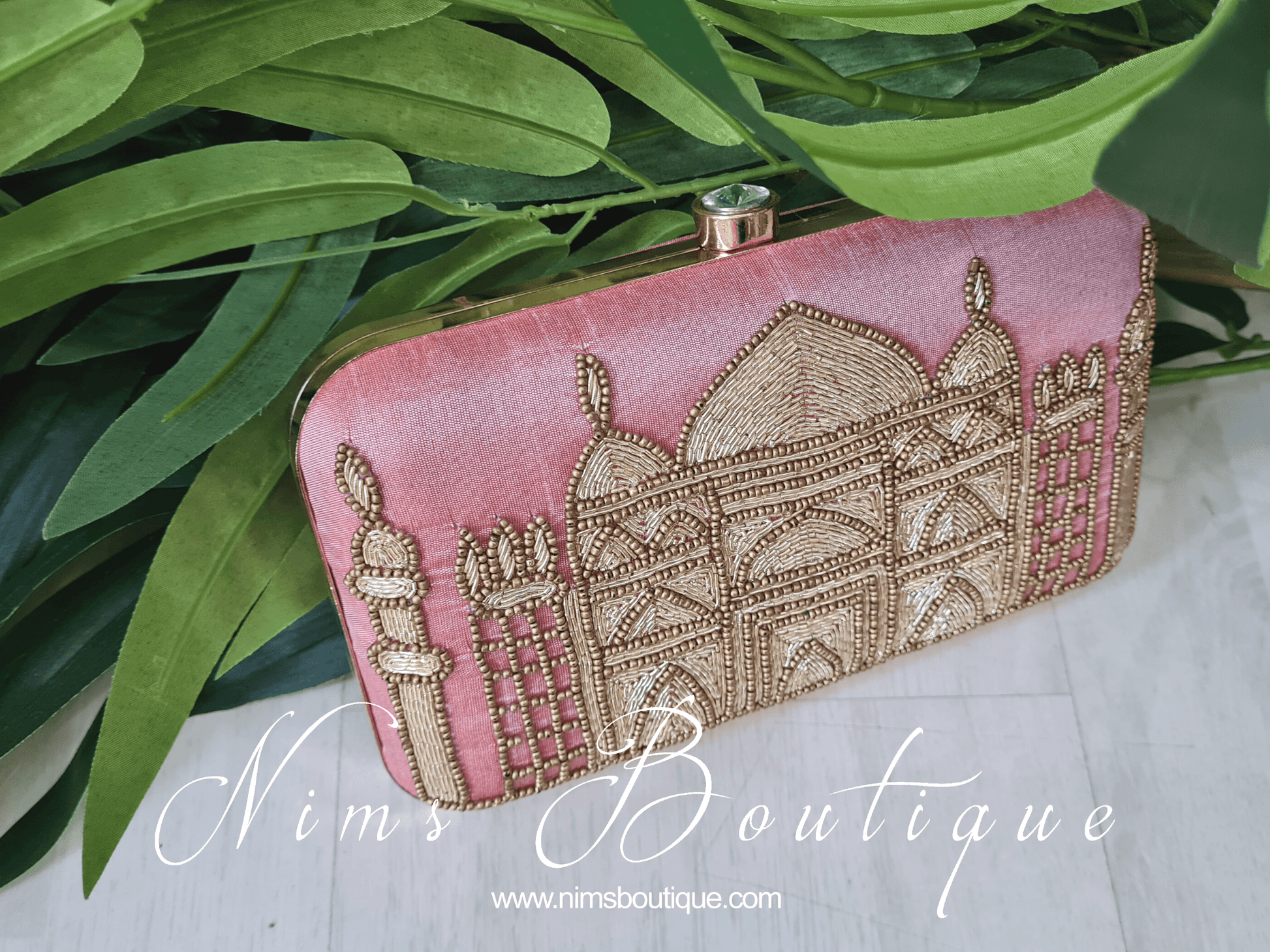 Nims Boutique Taj Blush Pink Raw Silk Clutch Bag