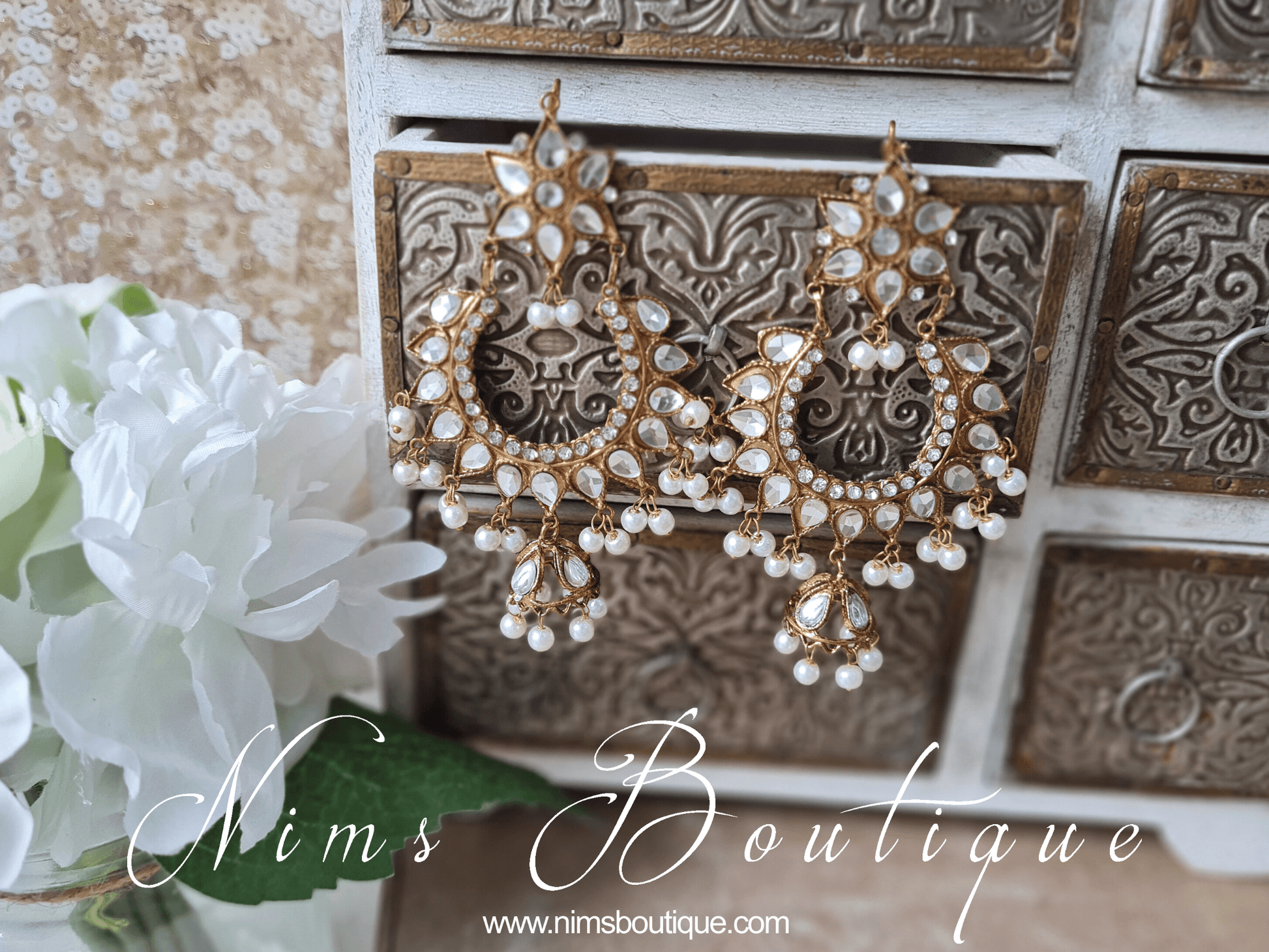 Nims Boutique Small Tanuja Antique Gold & Pearl Maharani Earrings