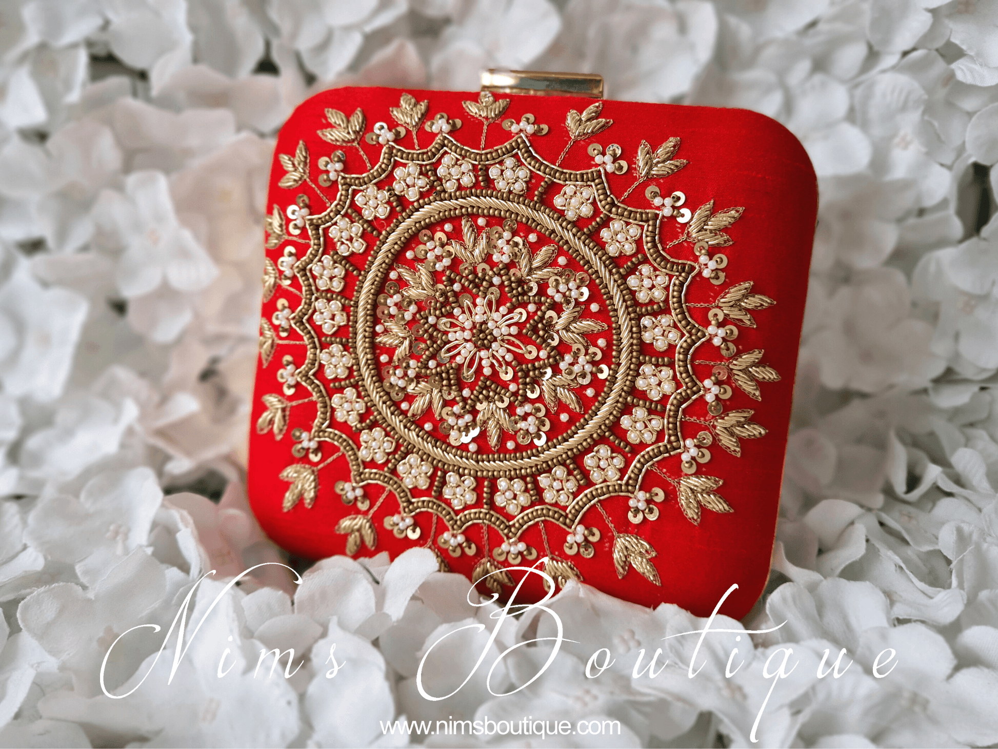 Nims Boutique Large Red Raw Silk Clutch Bag with Pearl & Gold embellishment