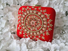 Large Red Raw Silk Clutch Bag with Pearl & Gold embellishment