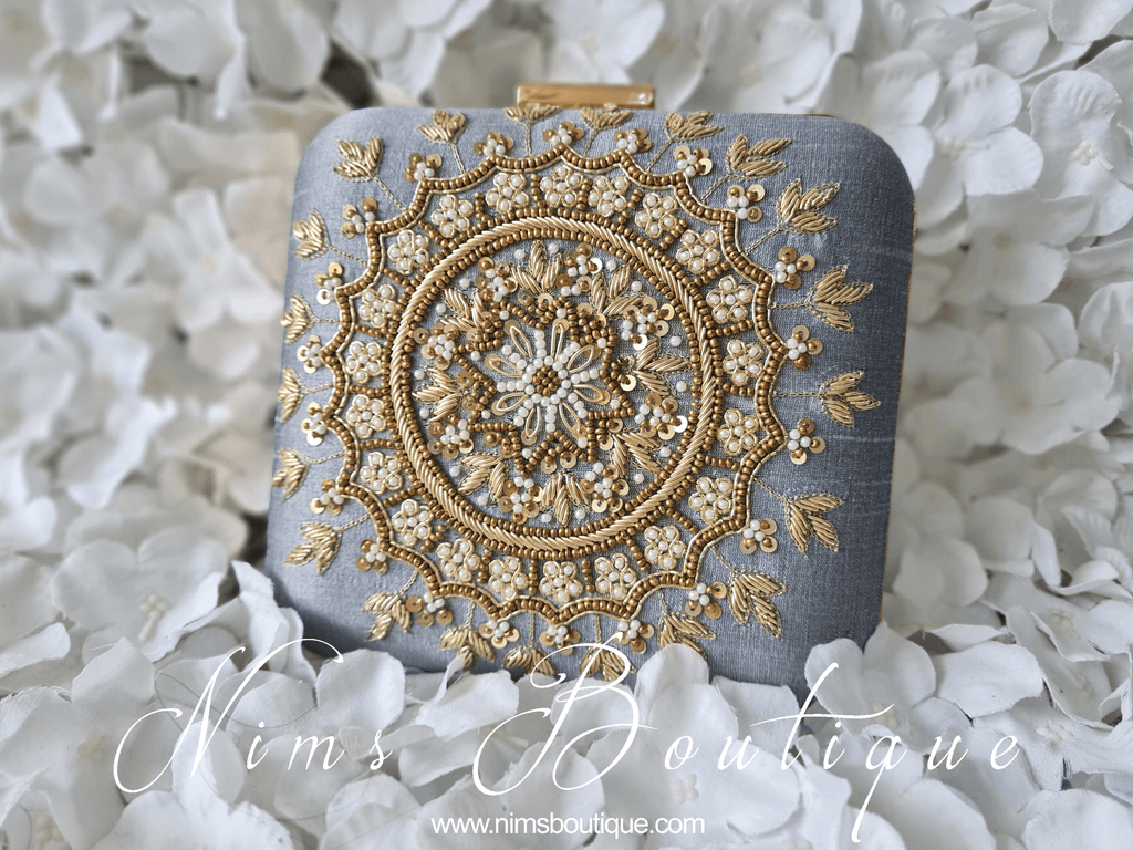 Nims Boutique Large Grey Raw Silk Clutch Bag with Pearl & Gold embellishment