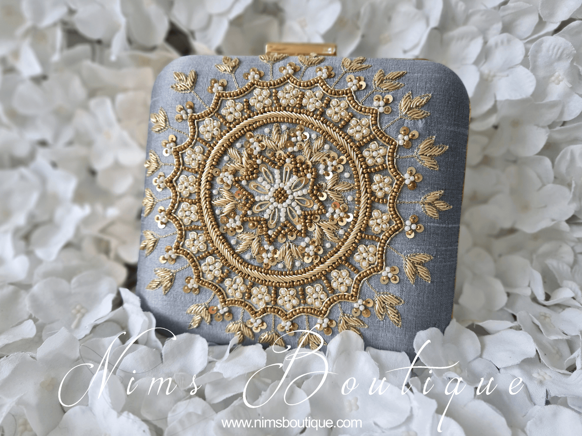 Nims Boutique Large Grey Raw Silk Clutch Bag with Pearl & Gold embellishment
