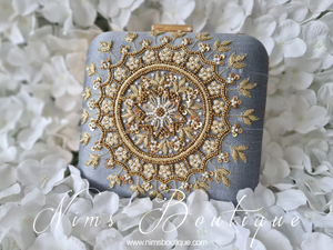 Large Grey Raw Silk Clutch Bag with Pearl & Gold embellishment