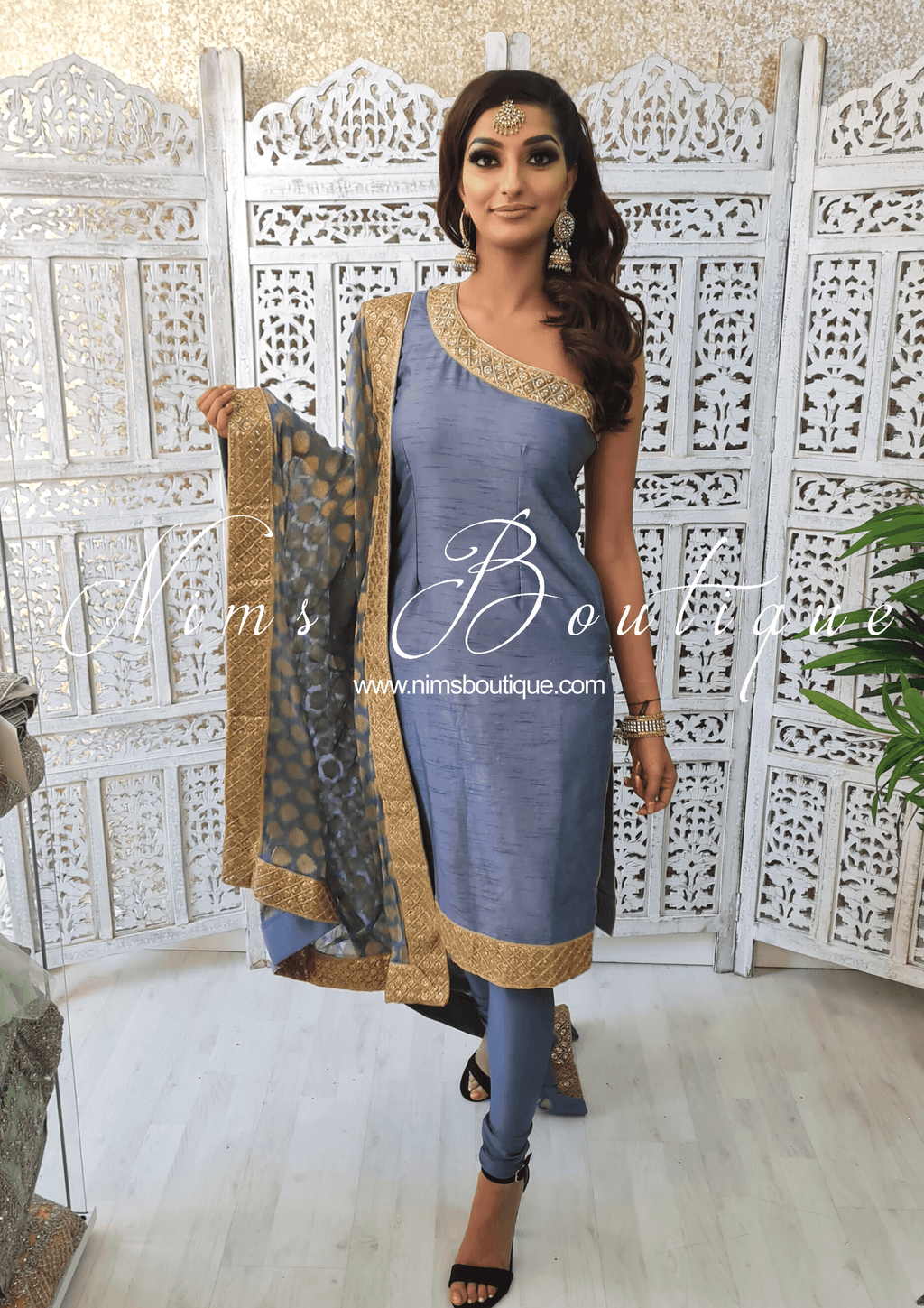 Nims Boutique One Shoulder Silk Grey Pajami Suit sizes 4-16