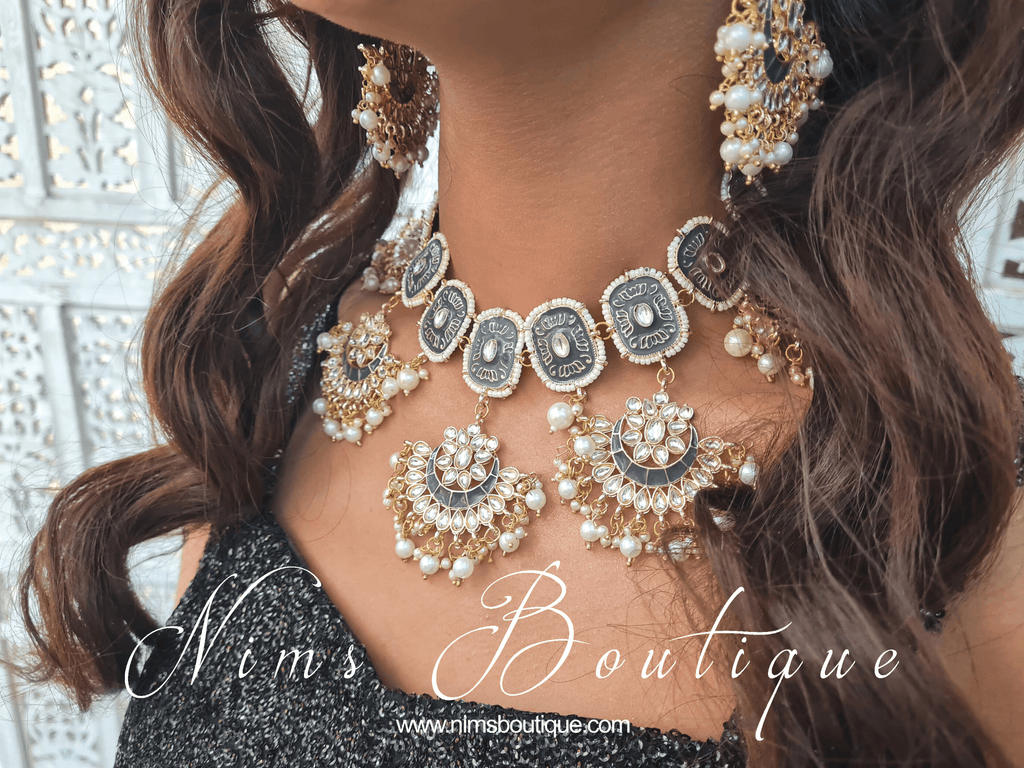 Nims Boutique Mishka Dark Grey Blossom Meenakari Set