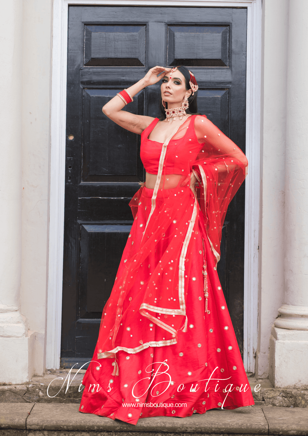 Nims Boutique Bright Red Net Sequin Dupatta/Chunni NS7