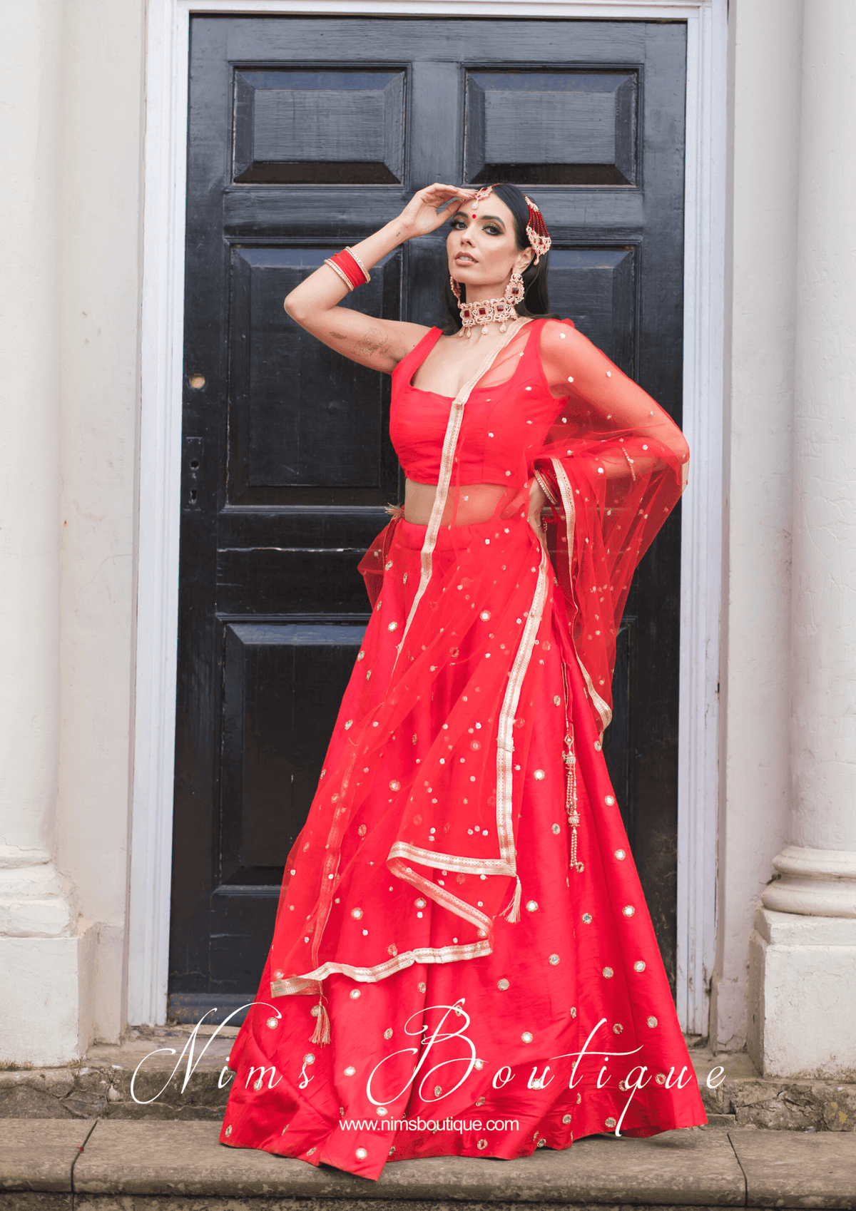 Nims Boutique Bright Red Net Sequin Dupatta/Chunni NS7
