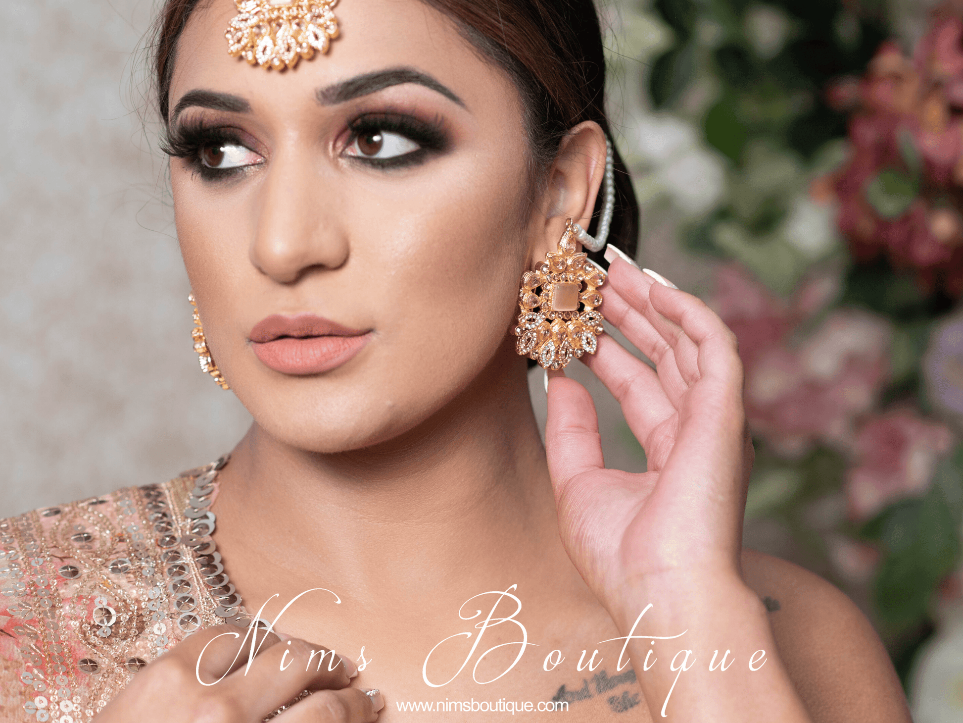 Nims Boutique Sita Gold & Peach Earrings & Tikka set