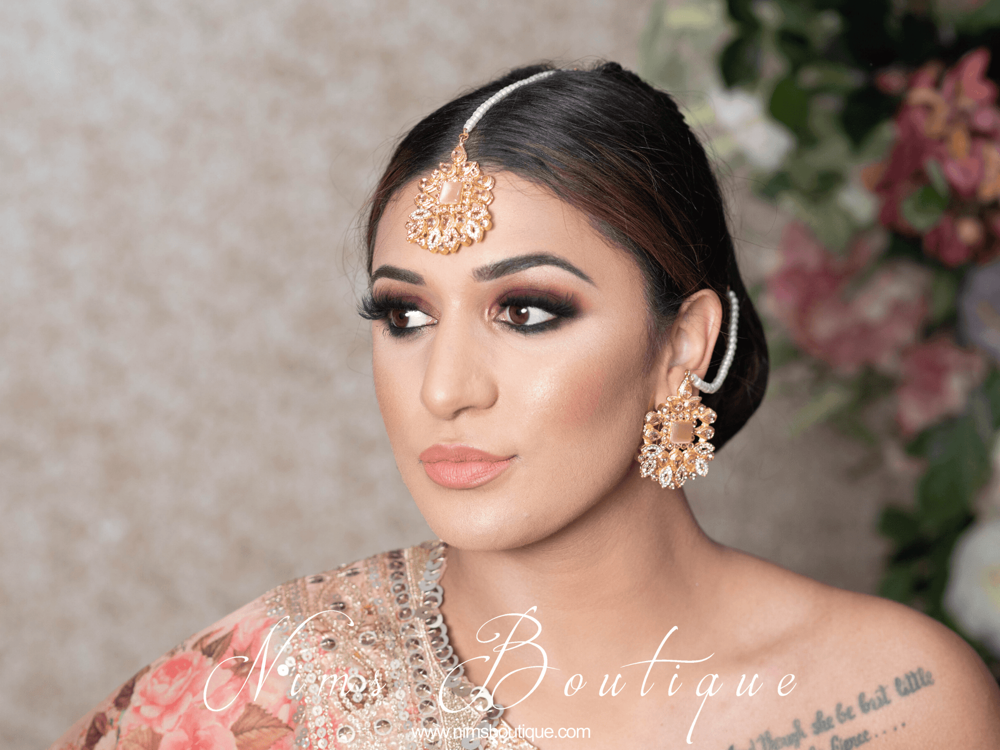 Nims Boutique Sita Gold & Peach Earrings & Tikka set