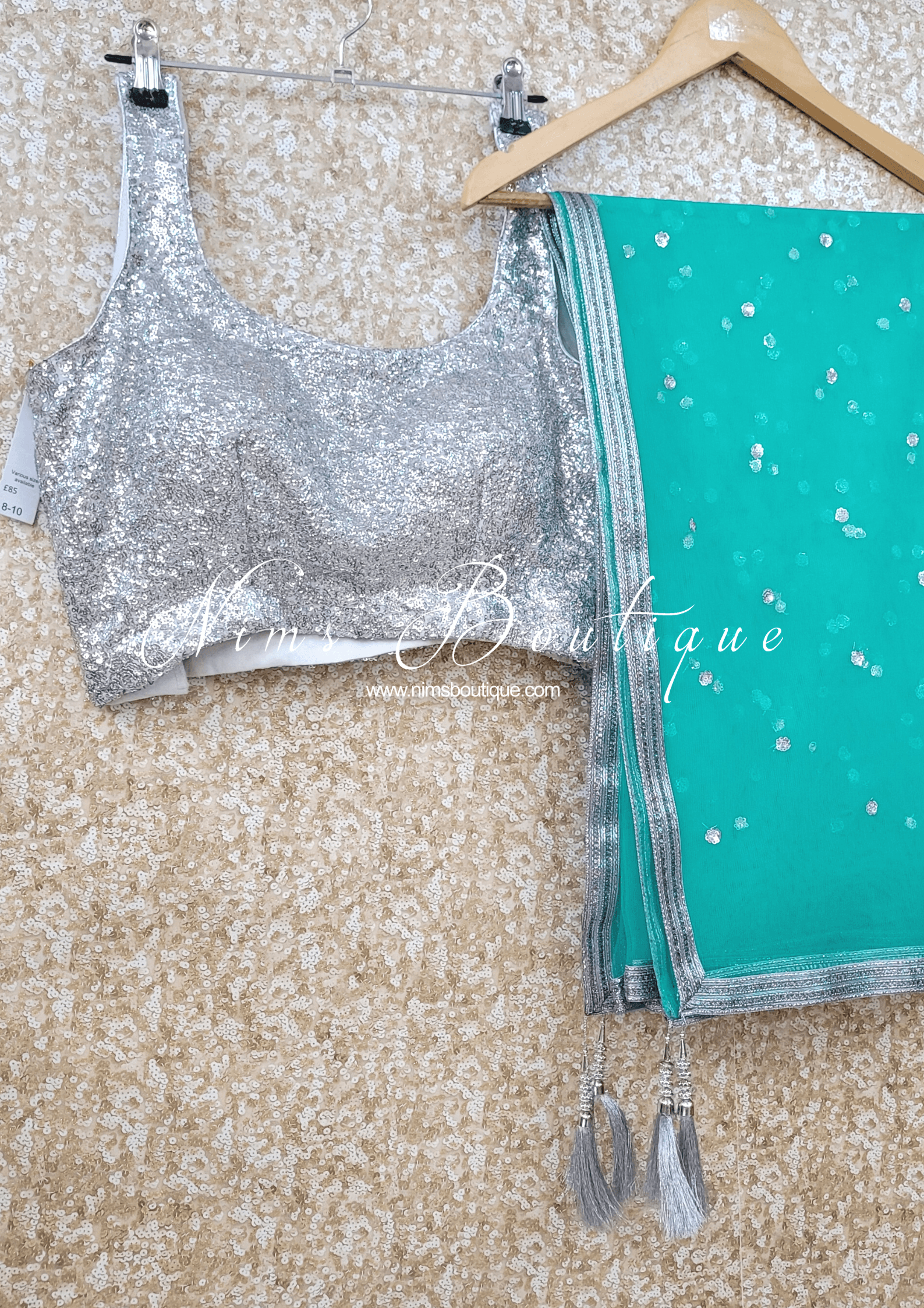 Nims Boutique Sea Green & Silver Sequin Net Sequin Dupatta/Chunni
