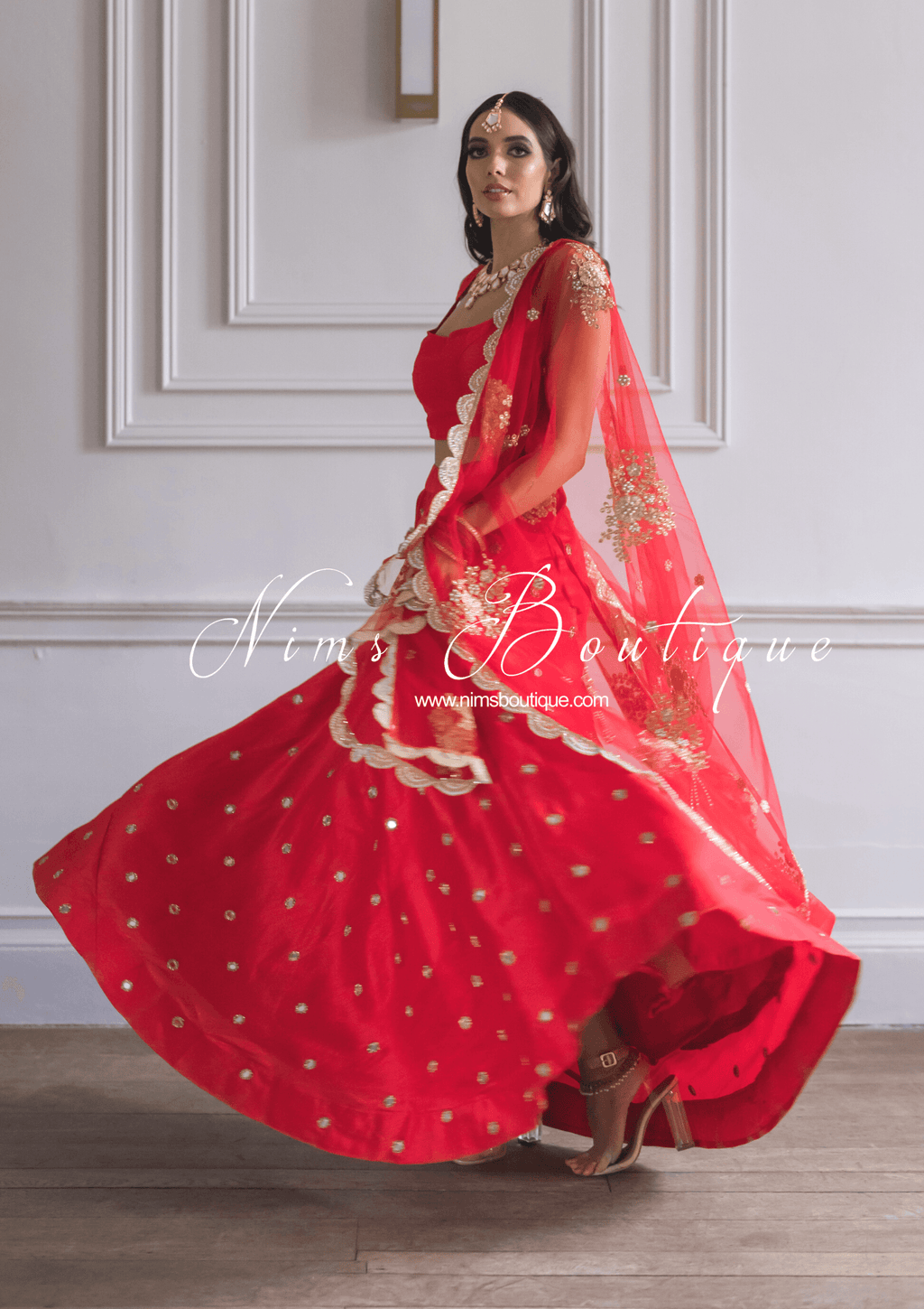 Nims Boutique Rani Luxury Red Silk Mirror readymade skirt/lehnga size 4-20
