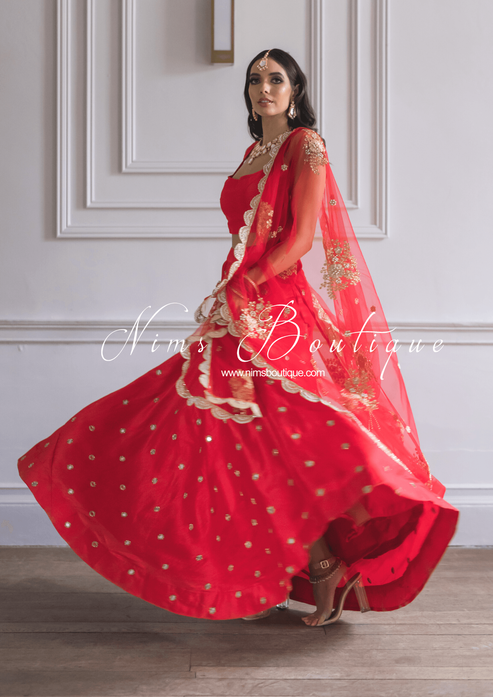 Nims Boutique Rani Luxury Red Silk Mirror readymade skirt/lehnga size 4-20