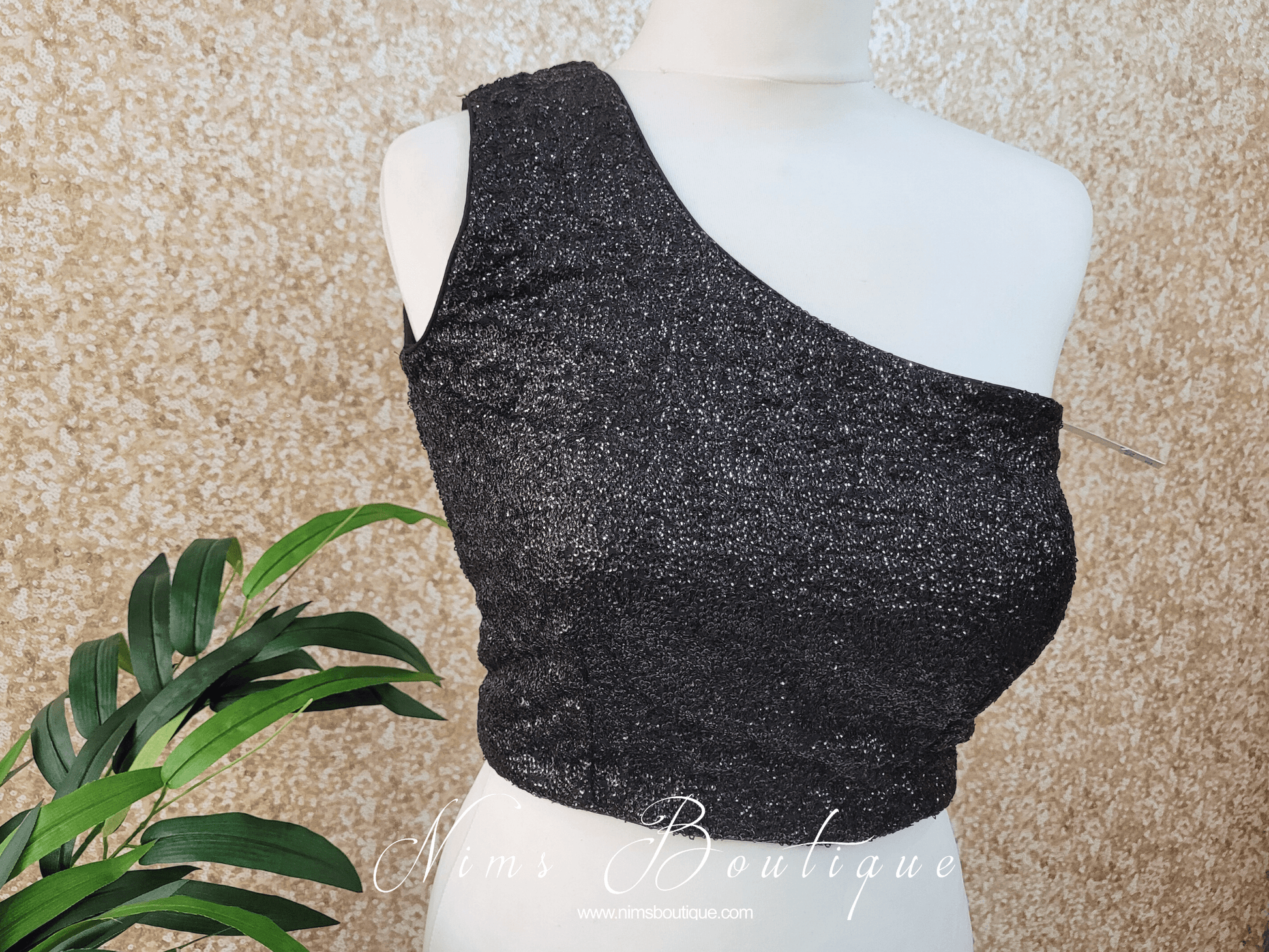Nims Boutique Luxury One Shoulder Black Sequin Blouse 4-22