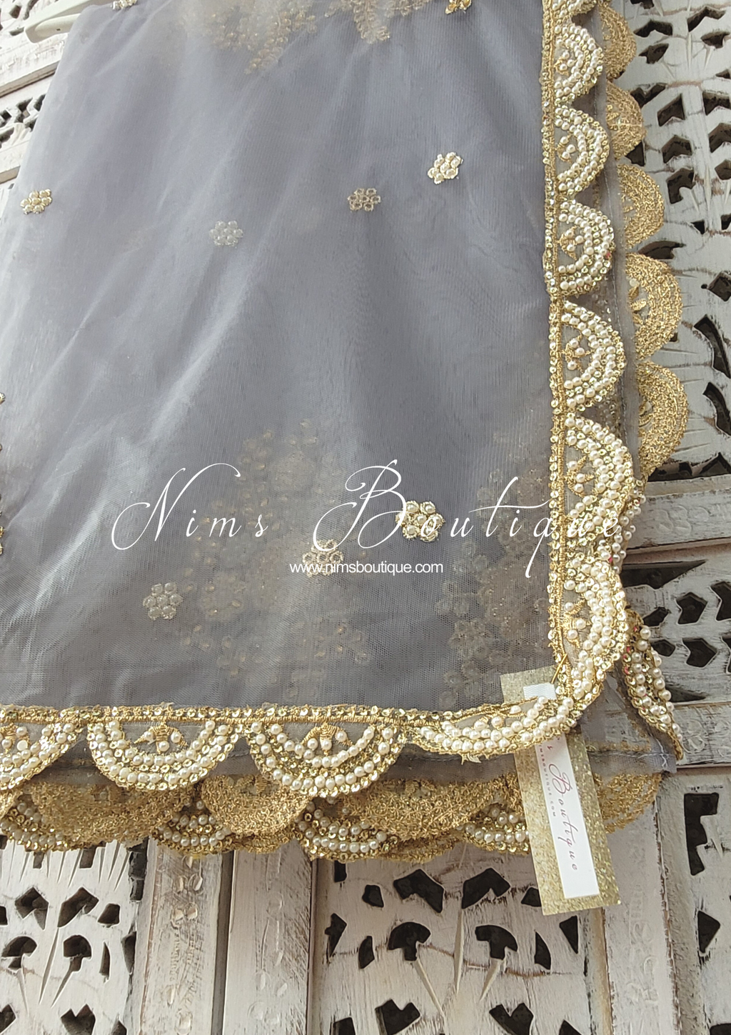Nims Boutique Pastel Grey Net Pearl Embellished Dupatta/Chunni with Luxury Pearl Edging NPE4