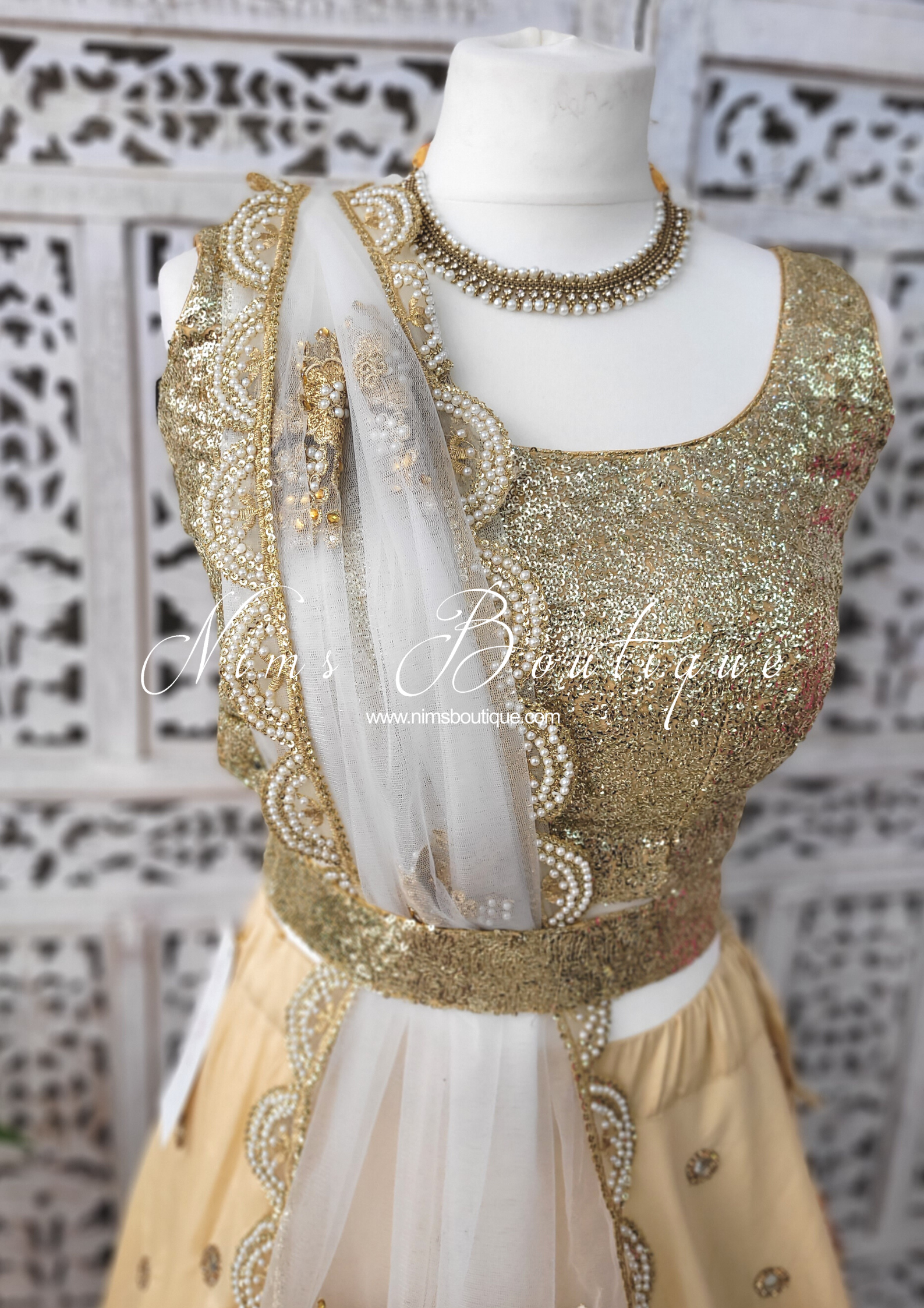Nims Boutique White Net Pearl Embellished Dupatta/Chunni with Luxury Pearl Edging NPE2