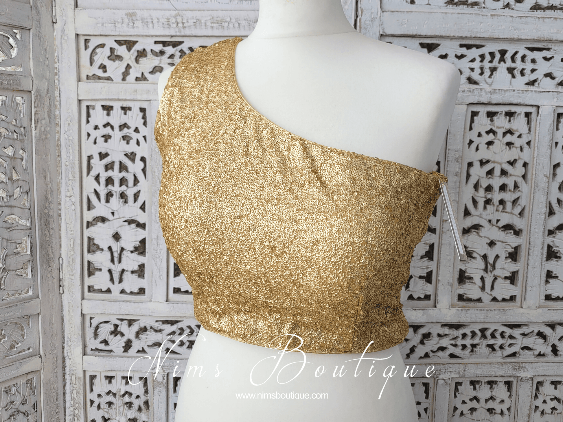 Nims Boutique Luxury One Shoulder Rose Gold Sequin Blouse 4-22