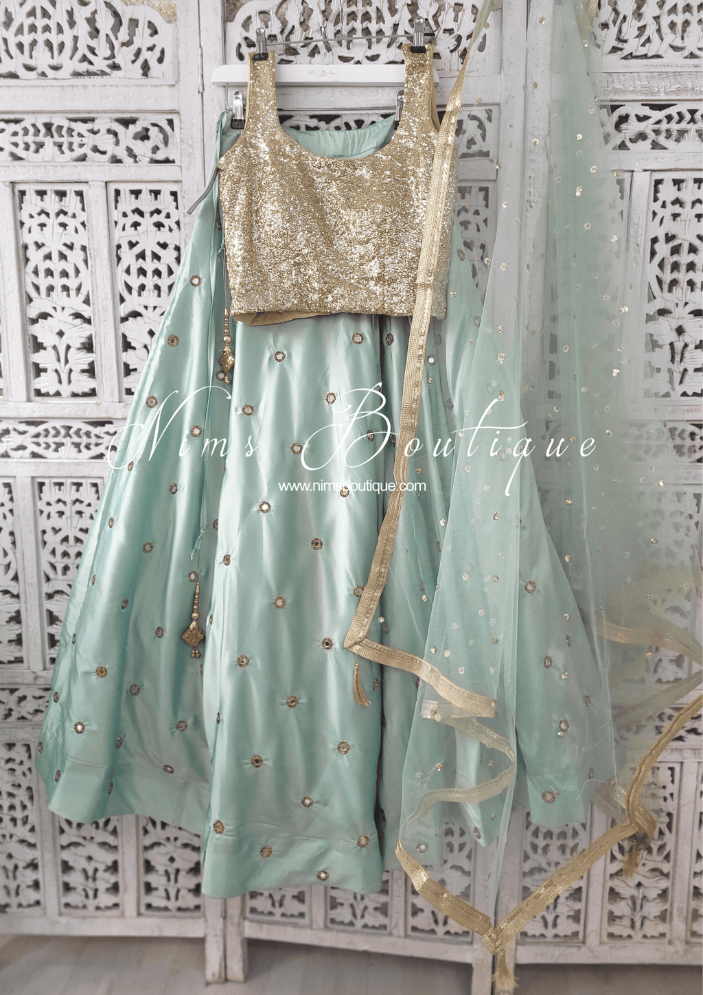 Nims Boutique Rani Luxury Mint Mirror readymade skirt/lehnga size 4-24