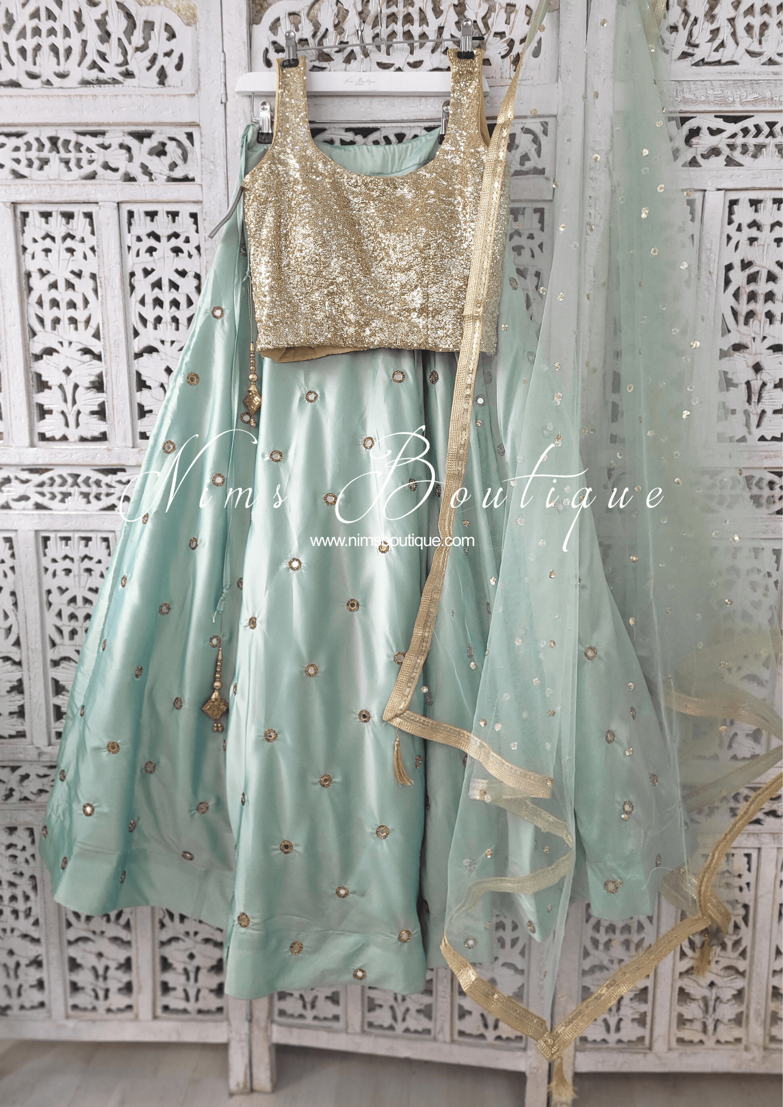 Nims Boutique Rani Luxury Mint Mirror readymade skirt/lehnga size 4-24