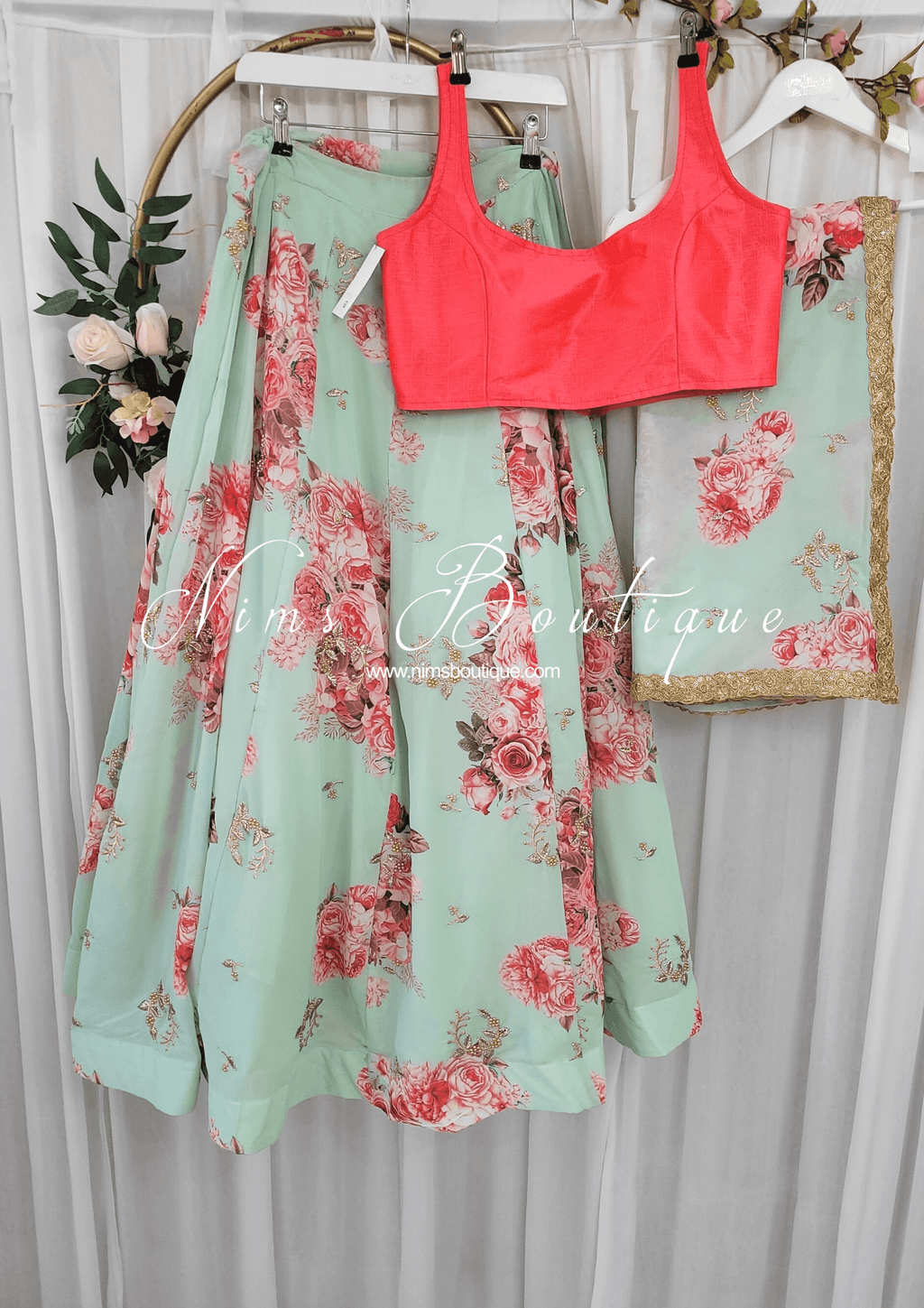 Nims Boutique La Floraison Mint Floral Georgette Dupatta/Chunni LFG3