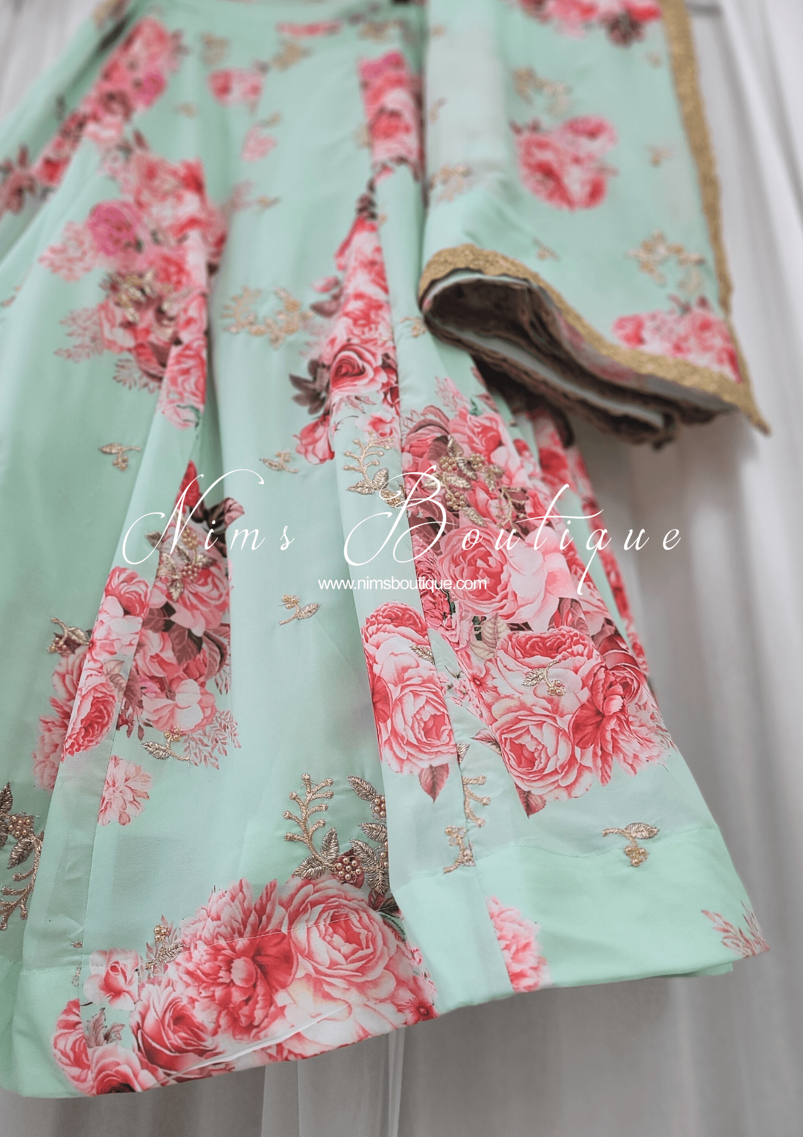 Nims Boutique La Floraison Mint Georgette Floral readymade skirt/lehnga sizes 4-26